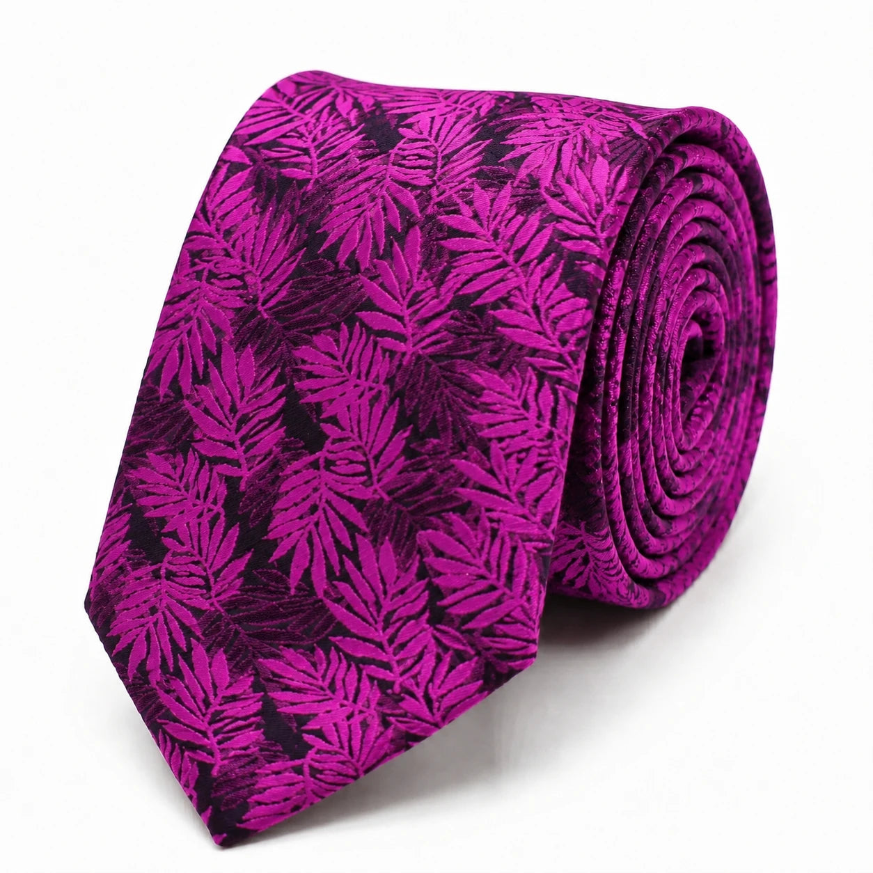 Cravate rose fuchsia feuilles tropicales