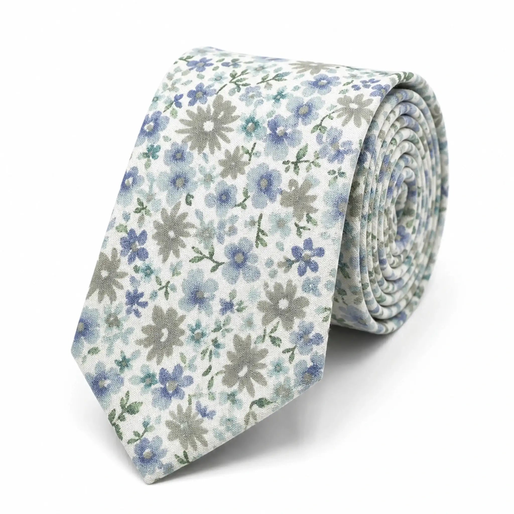 Cravate homme motif Liberty floral bleu et vert en coton, largeur 7 cm