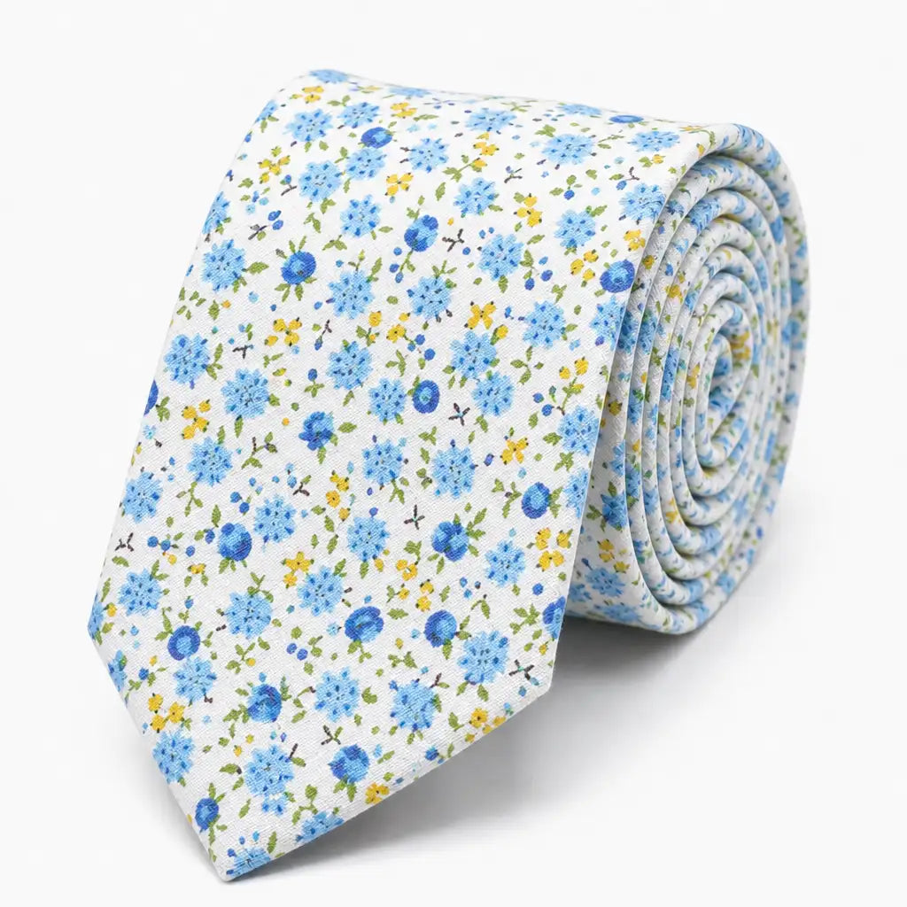 Cravate homme motif Liberty floral bleu et jaune en coton, largeur 7 cm