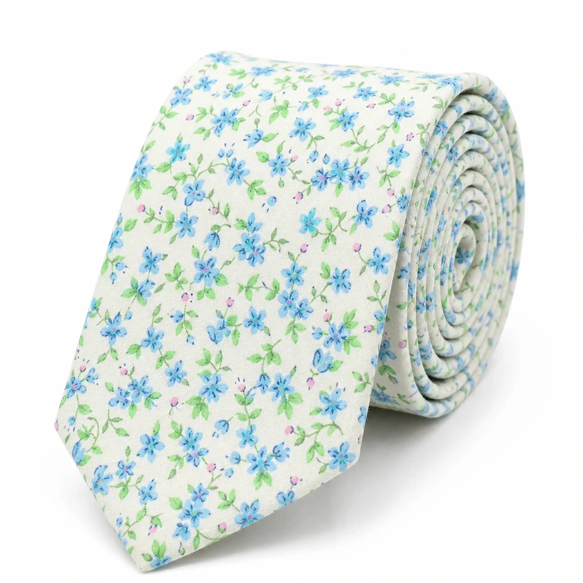 Cravate homme motif Liberty petites fleurs bleues en coton, largeur 7 cm