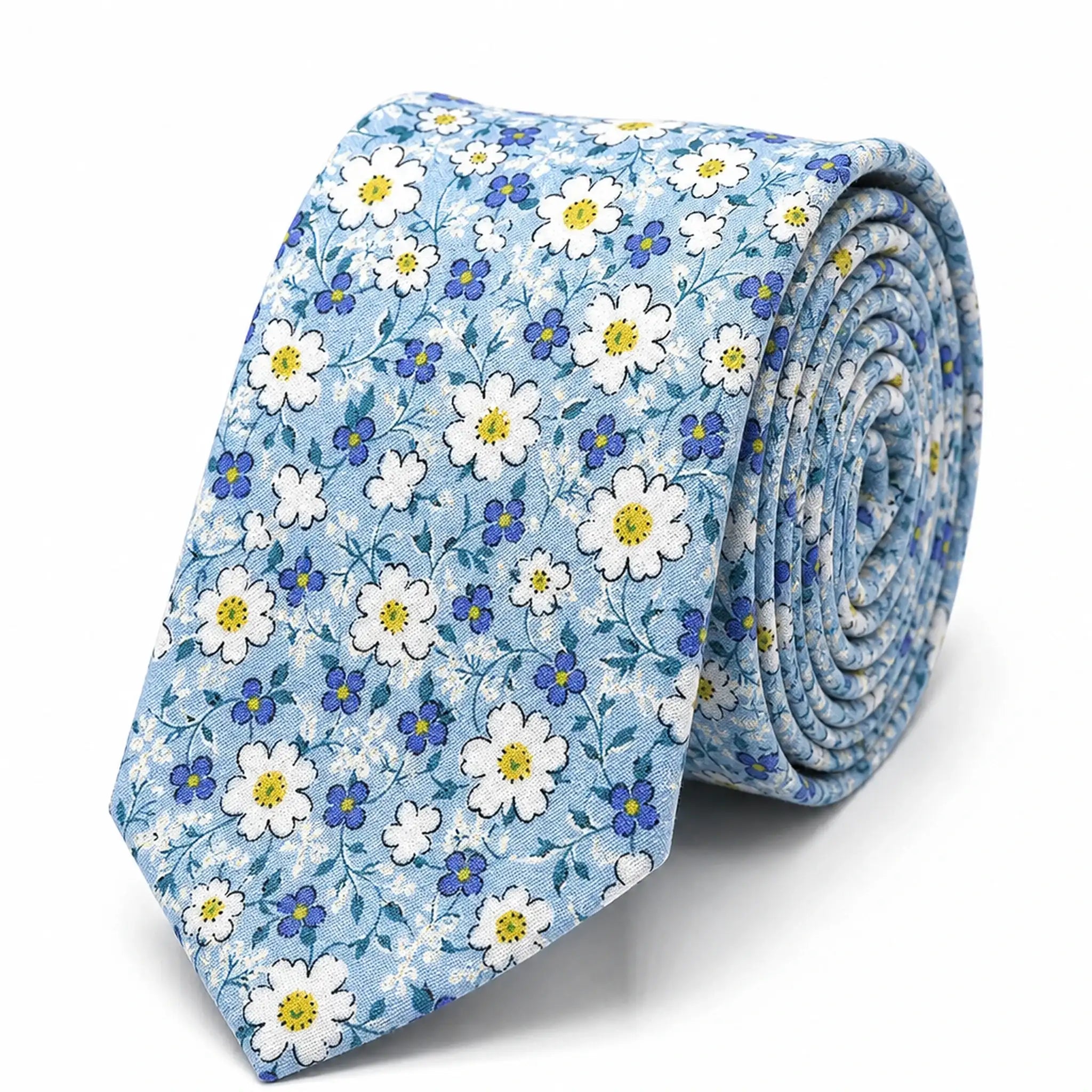 Cravate homme motif Liberty bleu clair petites fleurs blanches en coton, largeur 7 cm