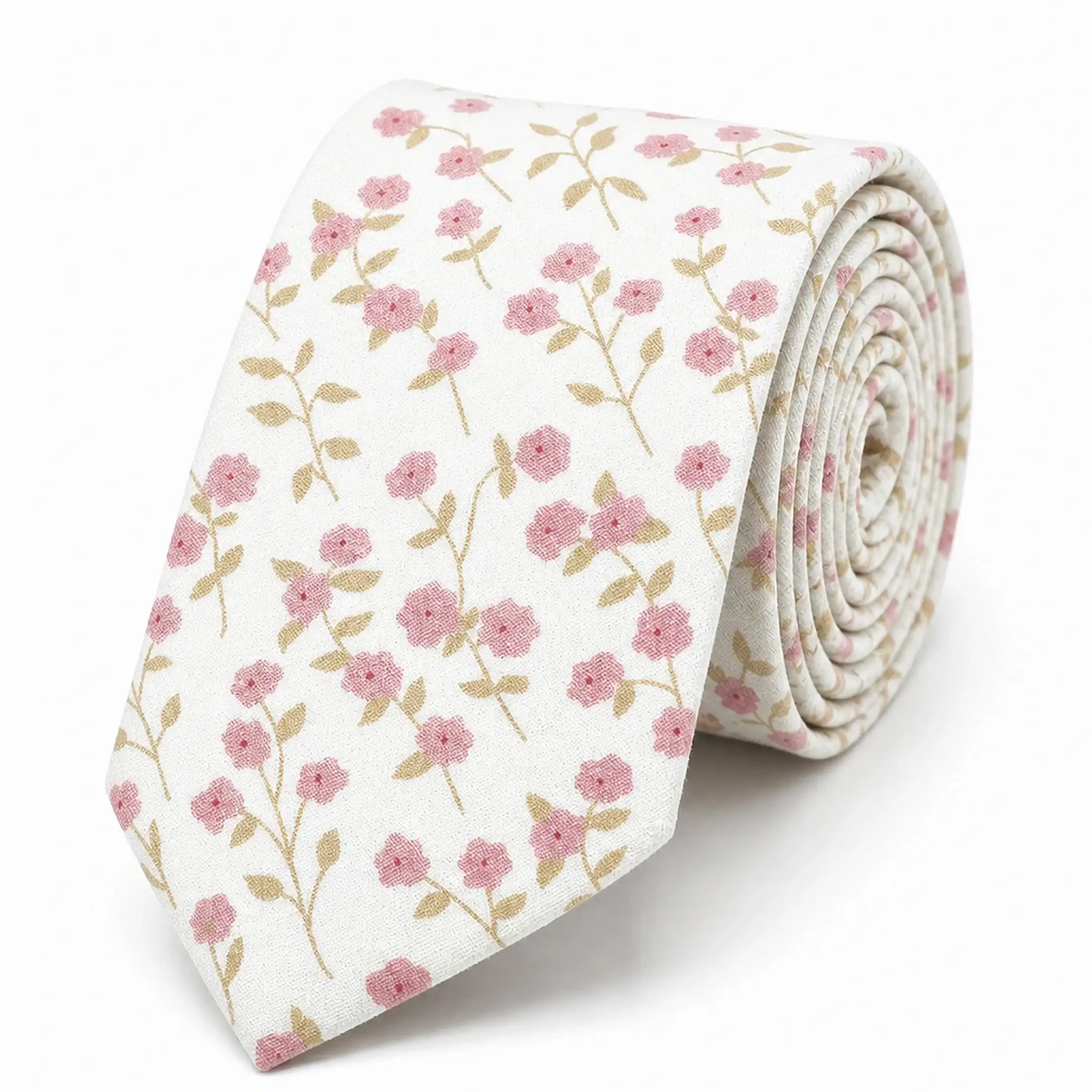 Cravate homme motif Liberty floral rose poudré et beige en coton, largeur 7 cm