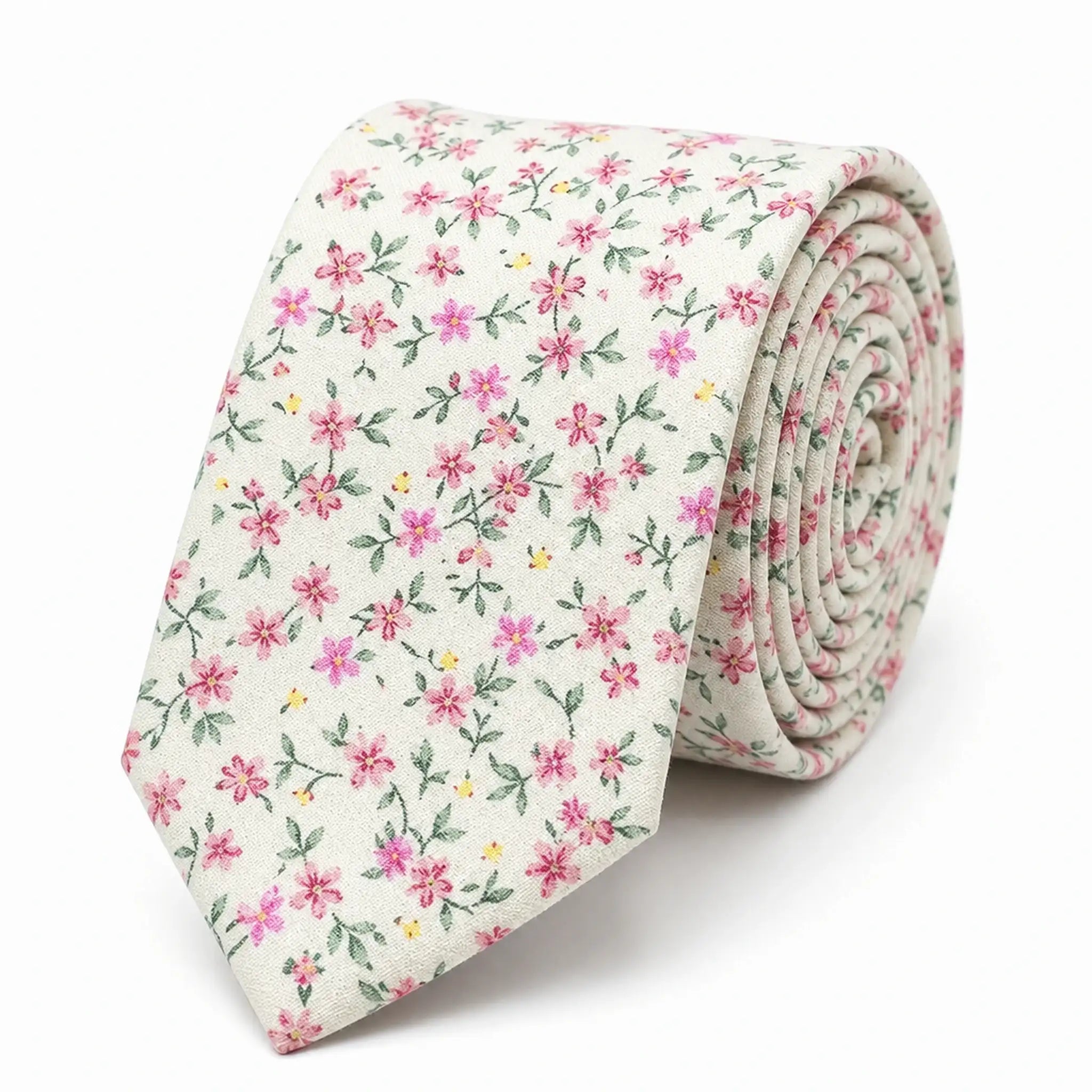 Cravate homme motif Liberty floral rose et vert en coton, largeur 7 cm
