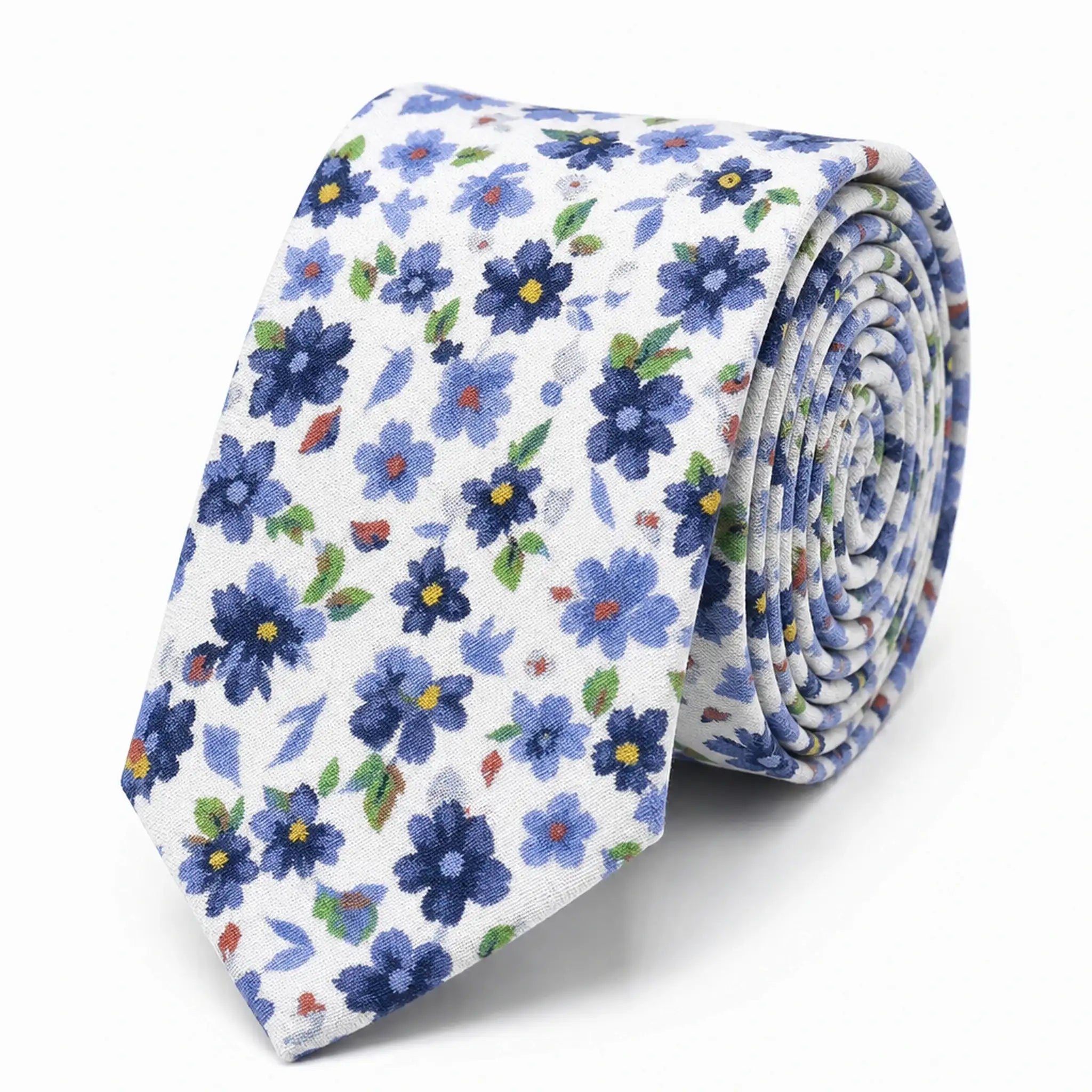 Cravate homme motif Liberty floral bleu profond en coton, largeur 7 cm