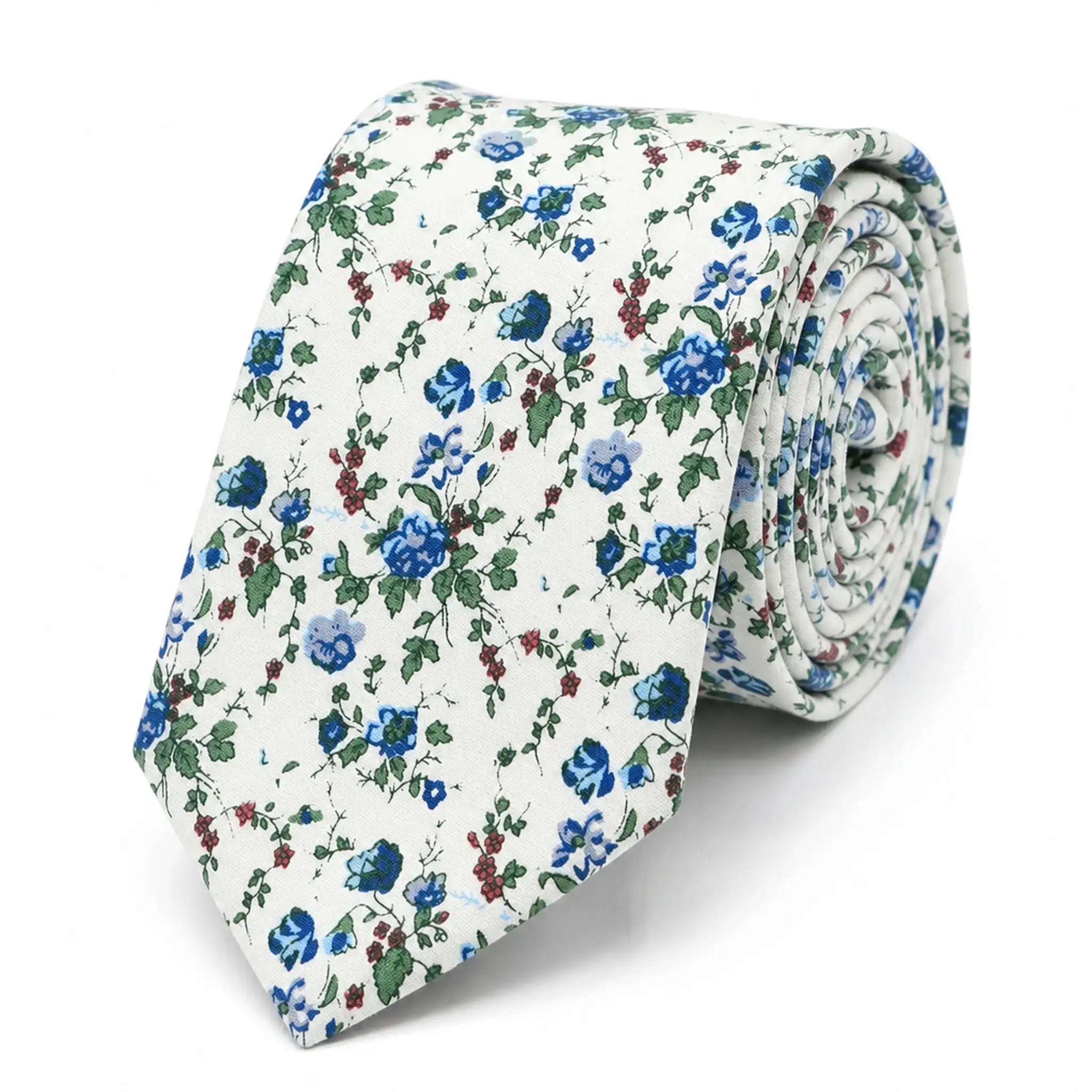 Cravate homme motif Liberty floral blanc petites fleurs bleues en coton, largeur 7 cm