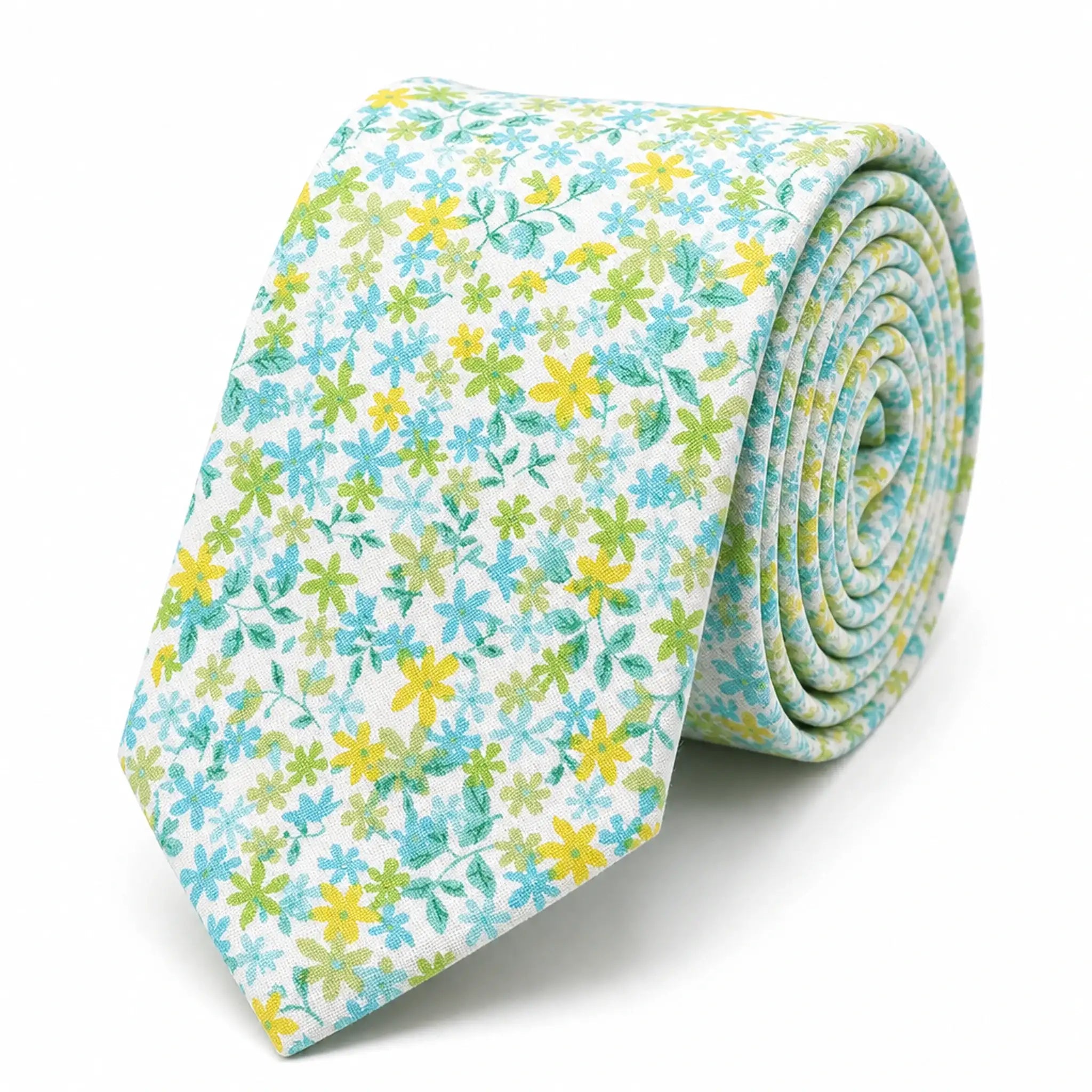 Cravate homme motif Liberty floral bleu et jaune intense en coton, largeur 7 cm