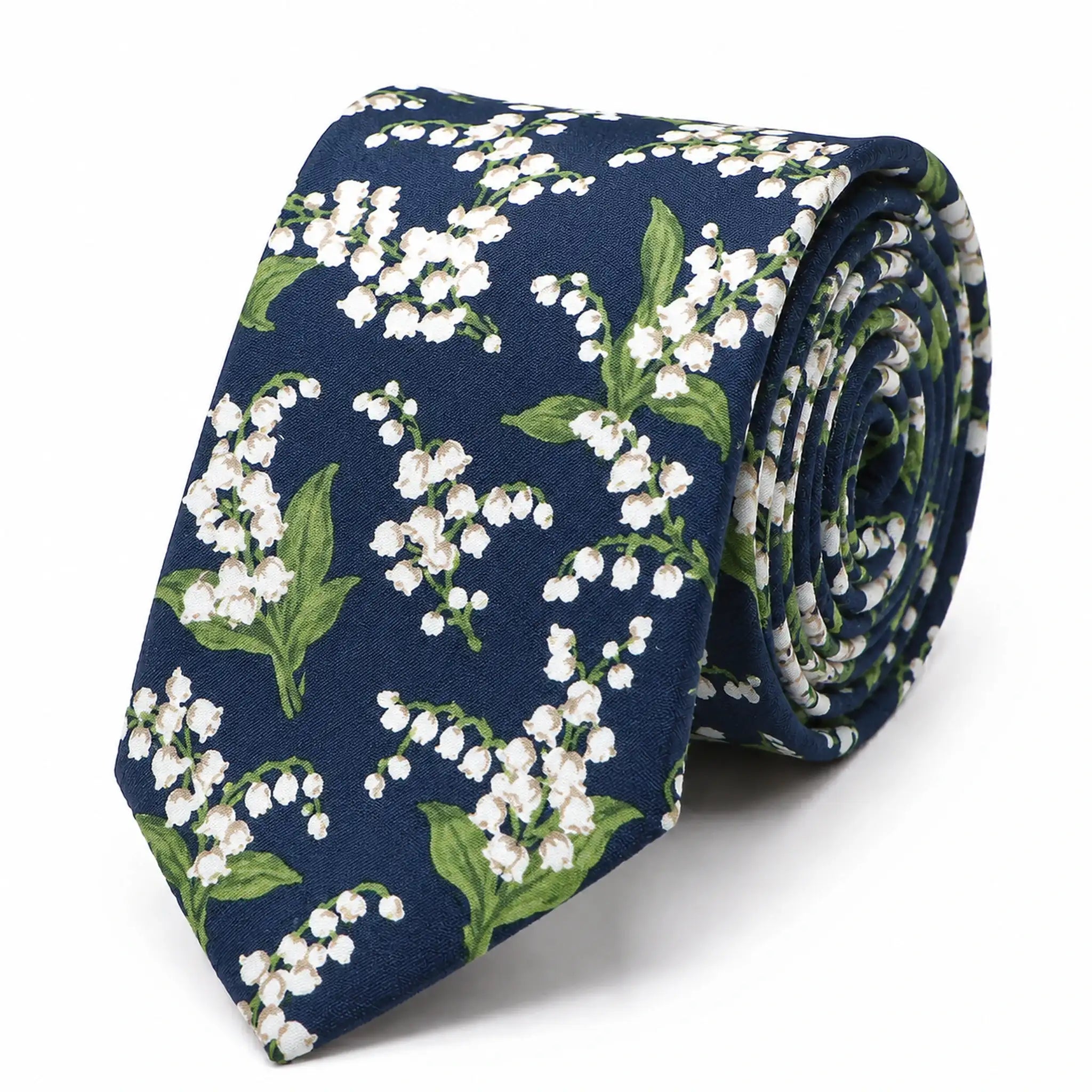 Cravate homme motif Liberty bleu marine fleurs de muguet en coton, largeur 7 cm