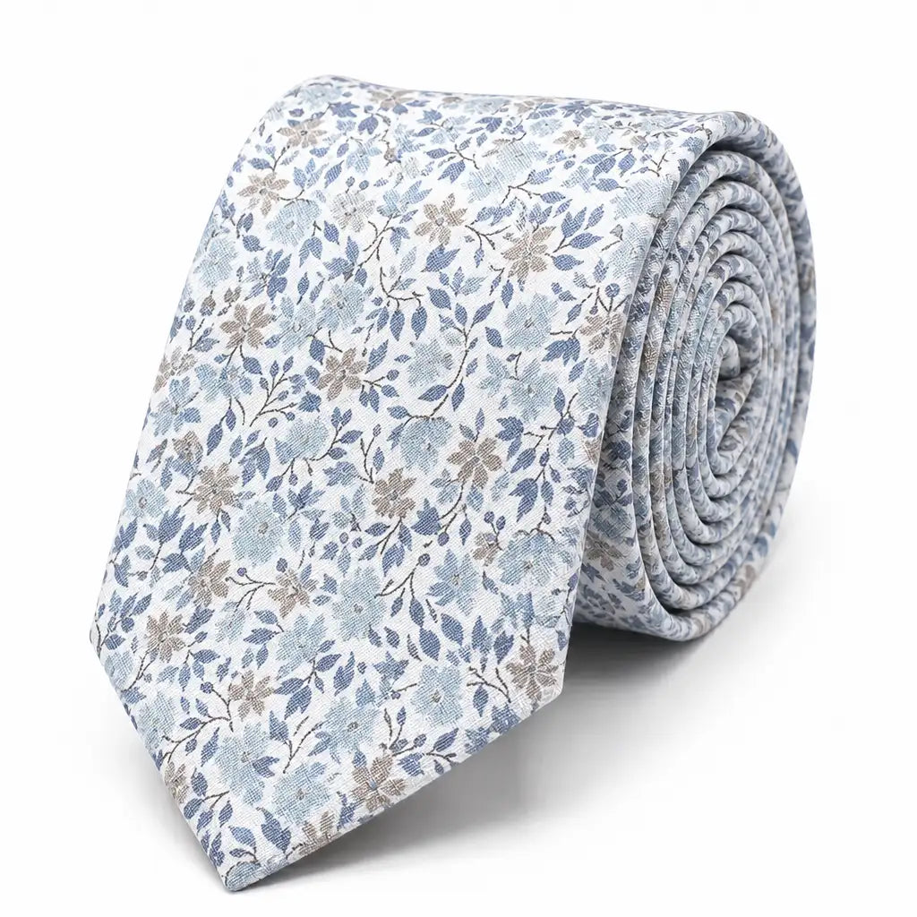 Cravate homme motif Liberty floral bleu et beige en coton, largeur 7 cm