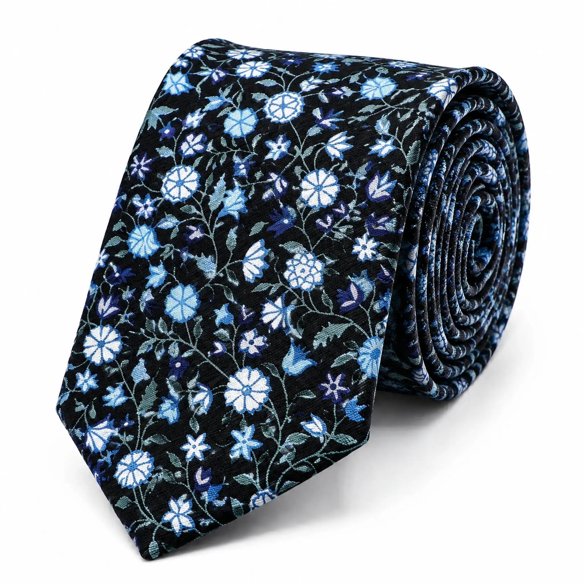 Cravate homme motif Liberty fleurs bleues en coton, largeur 7 cm