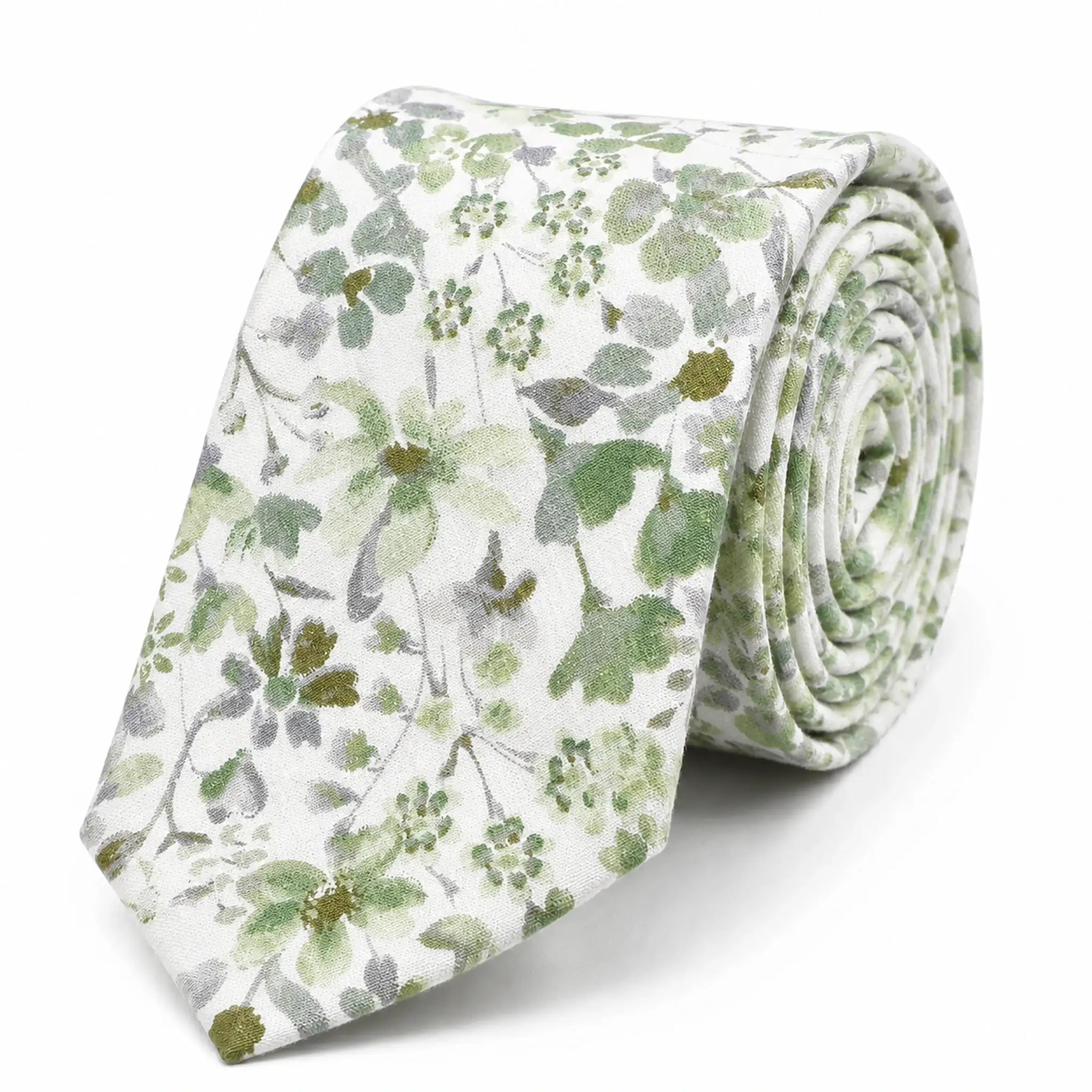 Cravate homme motif Liberty floral vert et gris en coton, largeur 7 cm