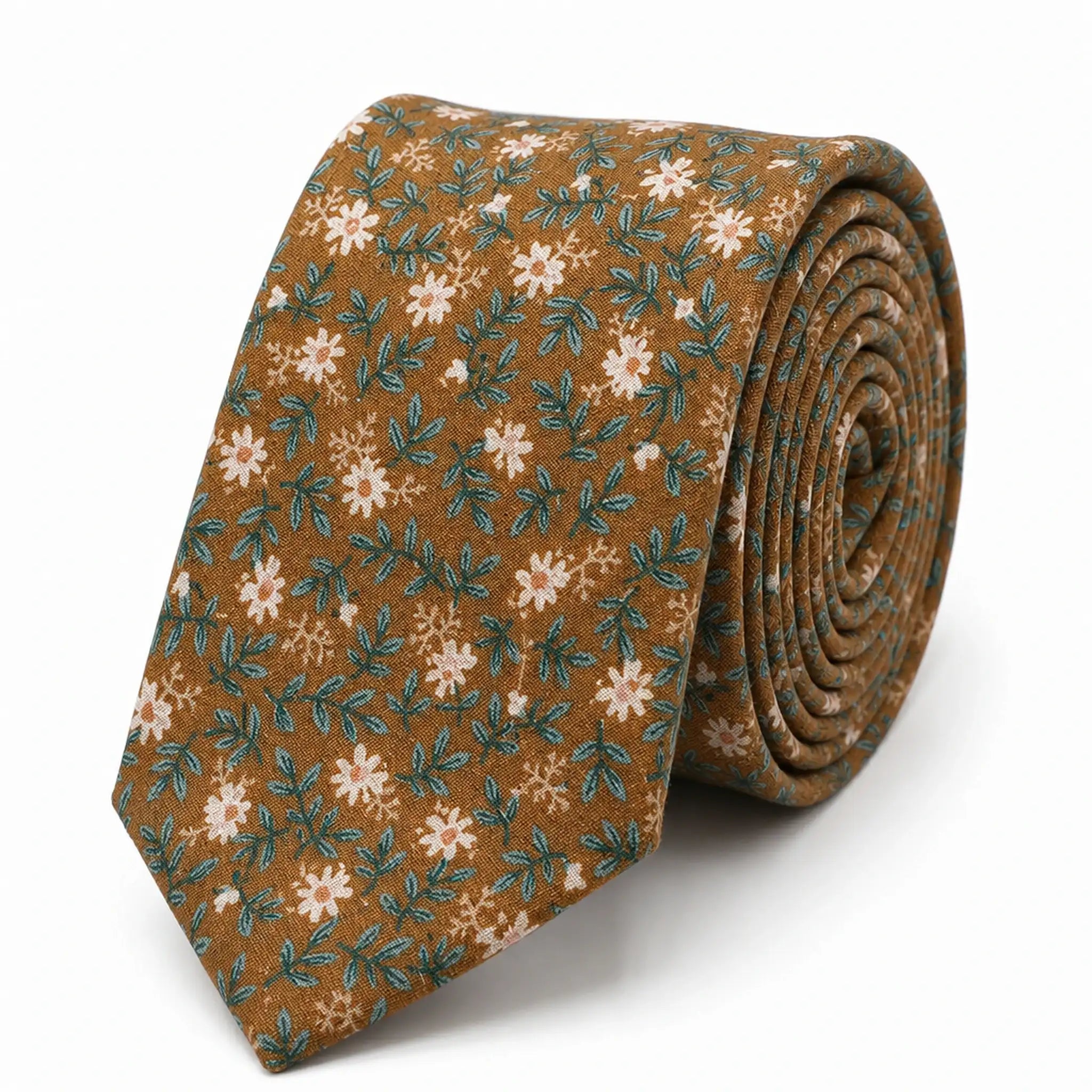 Cravate homme motif Liberty floral marron en coton, largeur 7 cm