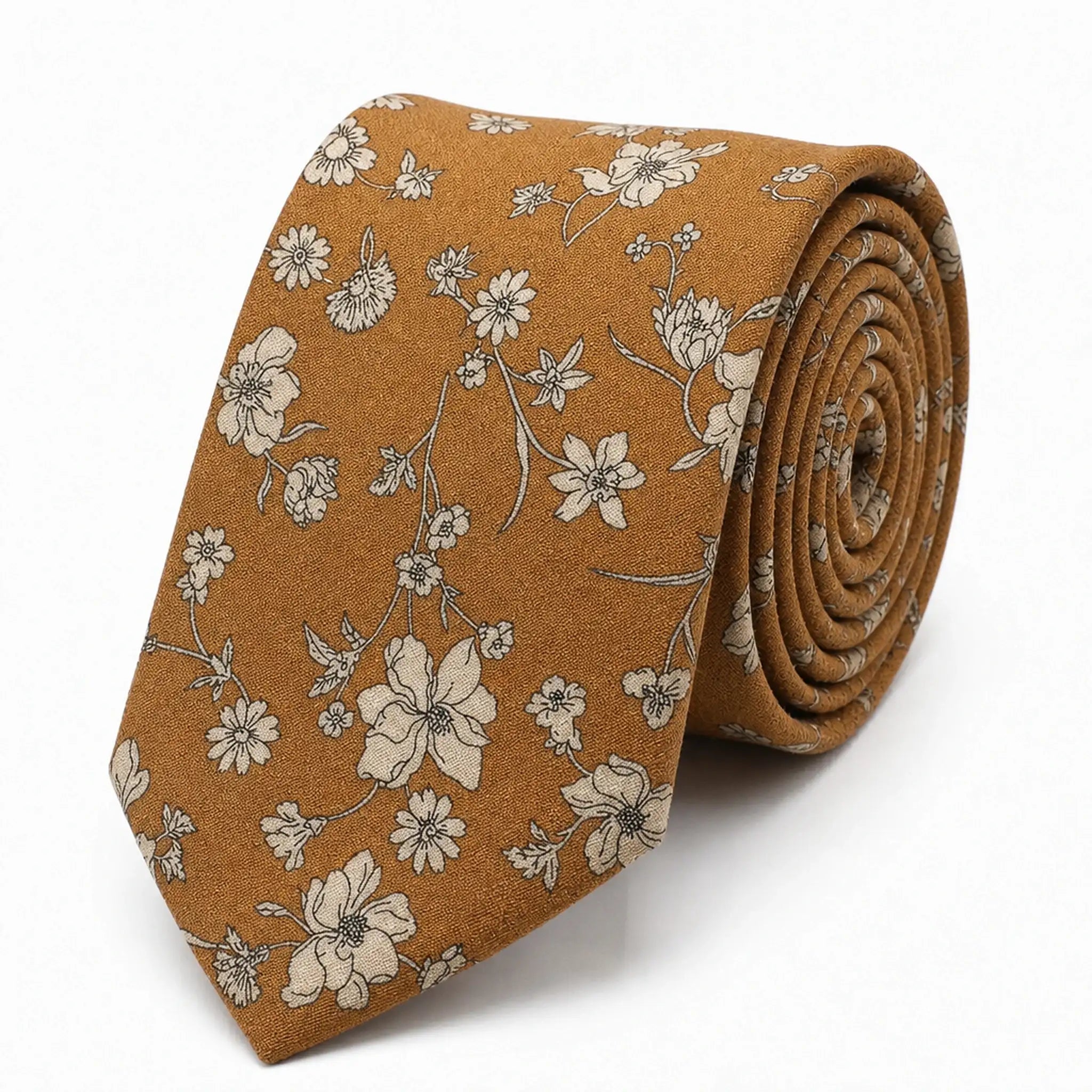 Cravate homme motif Liberty floral ocre en coton, largeur 7 cm