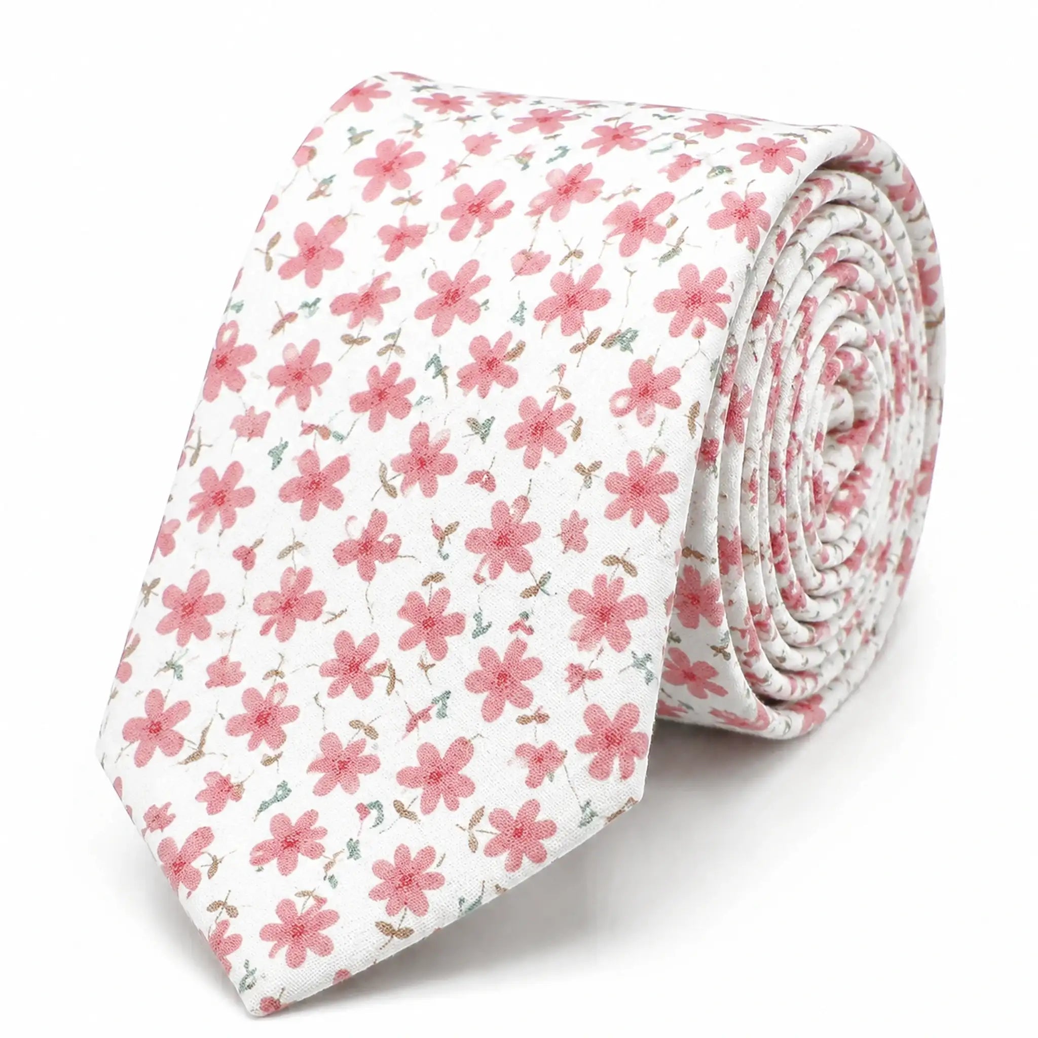 Cravate homme motif Liberty floral rose et blanc en coton, largeur 7 cm
