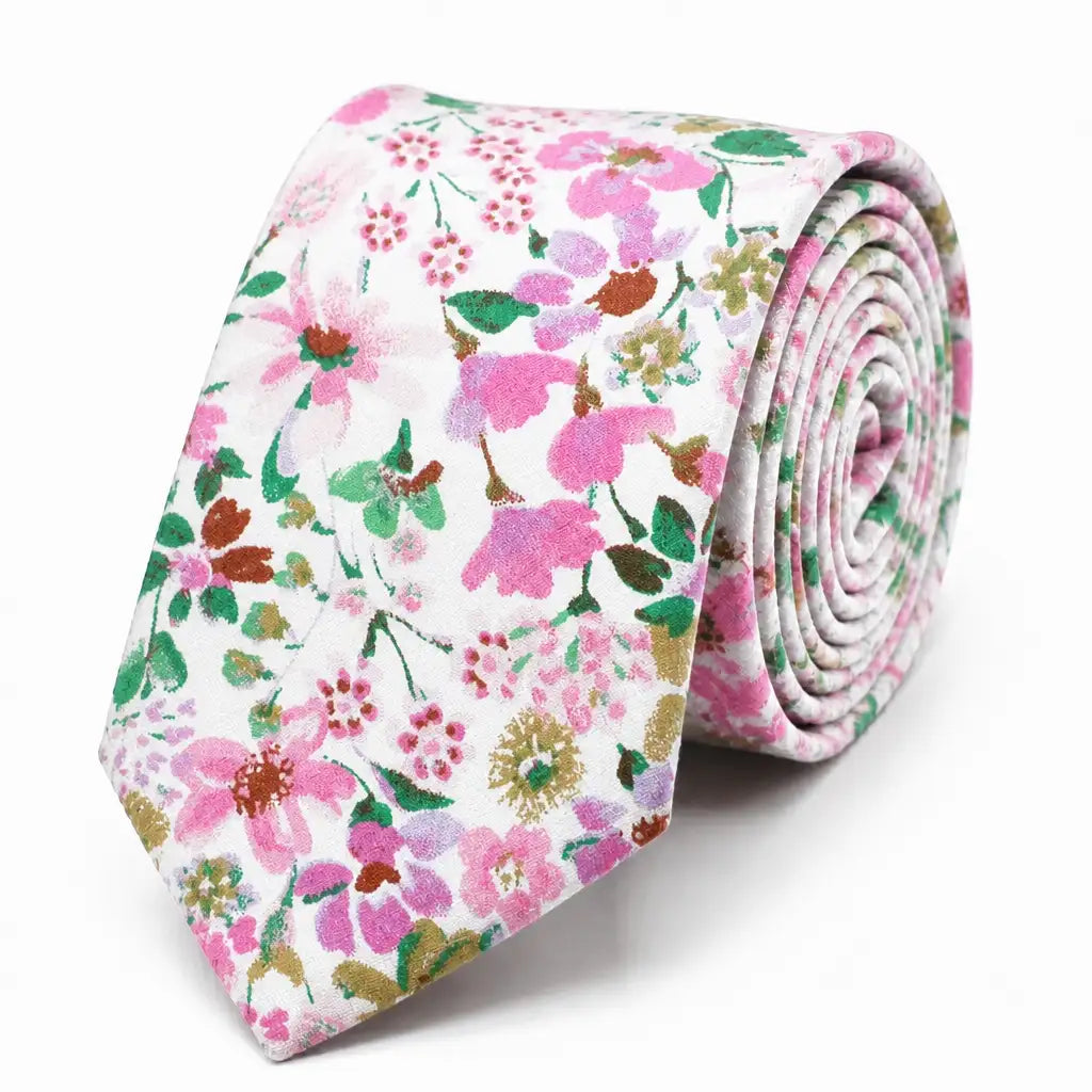 Cravate homme motif Liberty floral rose et violet en coton, largeur 7 cm