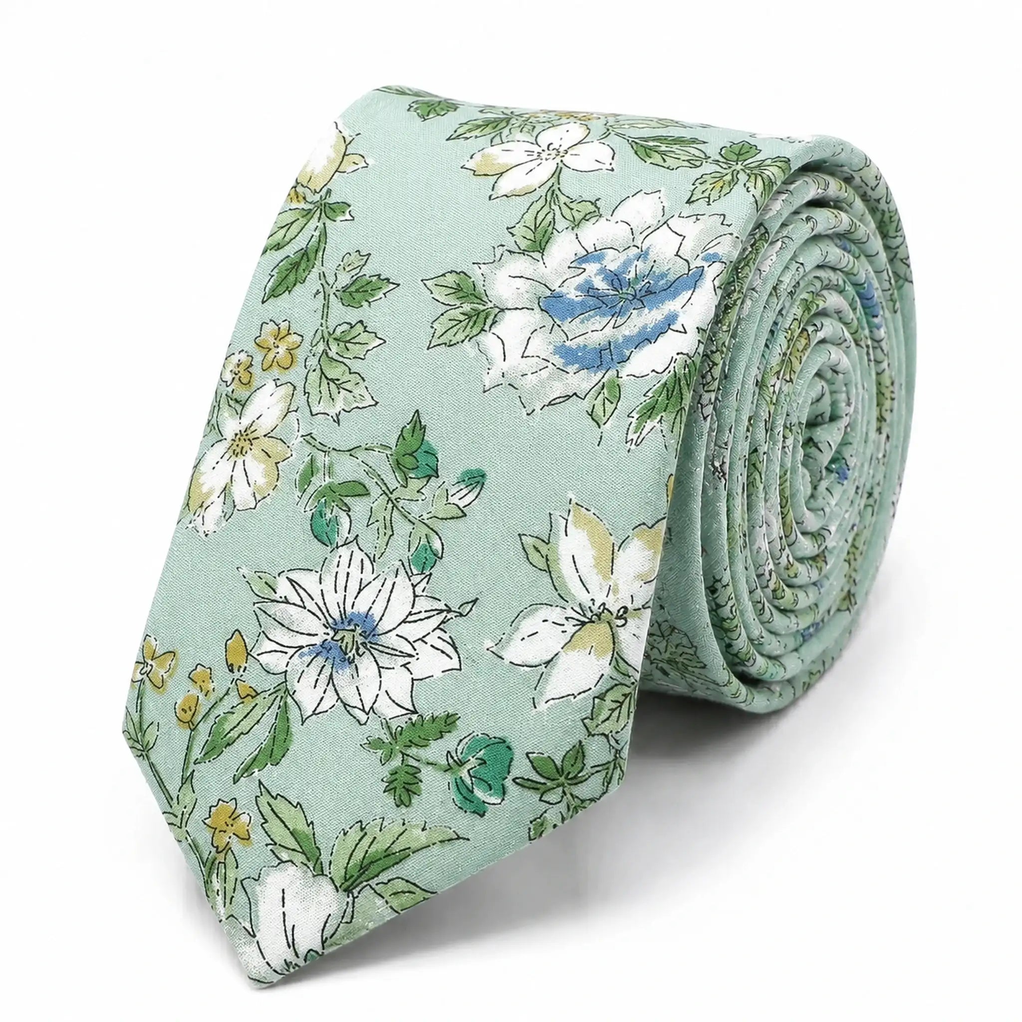 Cravate homme motif Liberty floral vert menthe en coton, largeur 7 cm