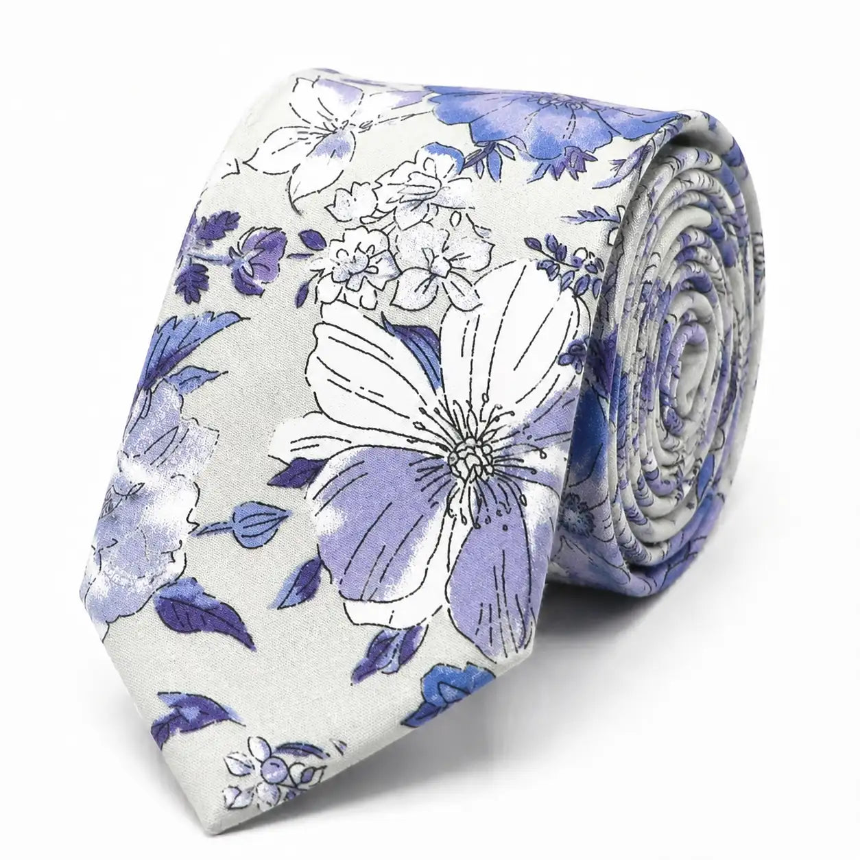 Cravate homme motif Liberty floral violet et blanc en coton, largeur 7 cm