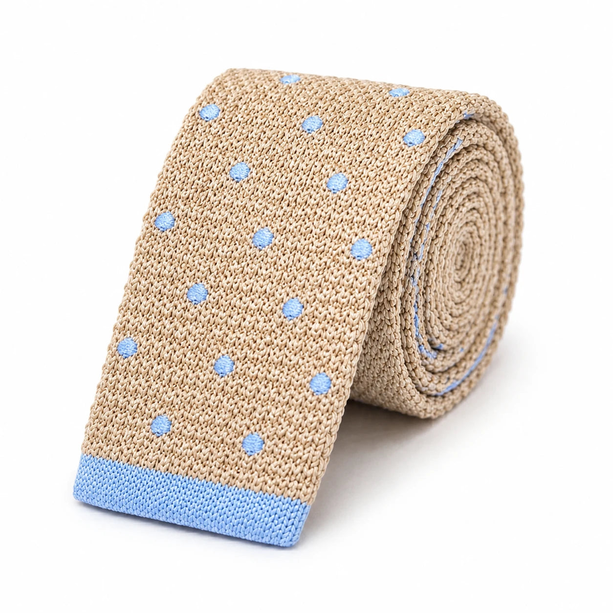 Cravate en Tricot Beige à Pois Bleu Ciel pour Homme - Maille Texturée à Bout Carré