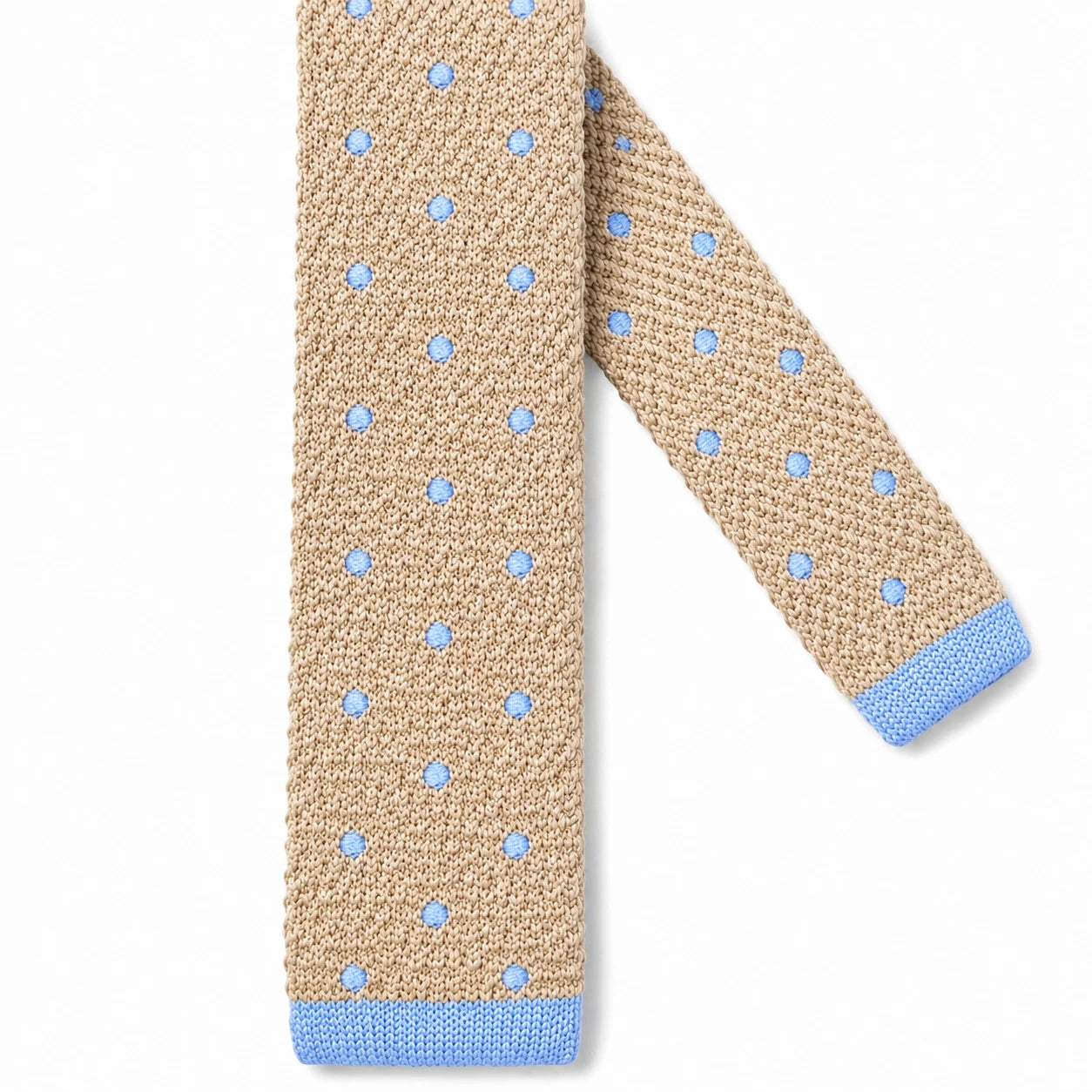 Cravate en Tricot Beige à Pois Bleu Ciel pour Homme - Maille Texturée à Bout Carré