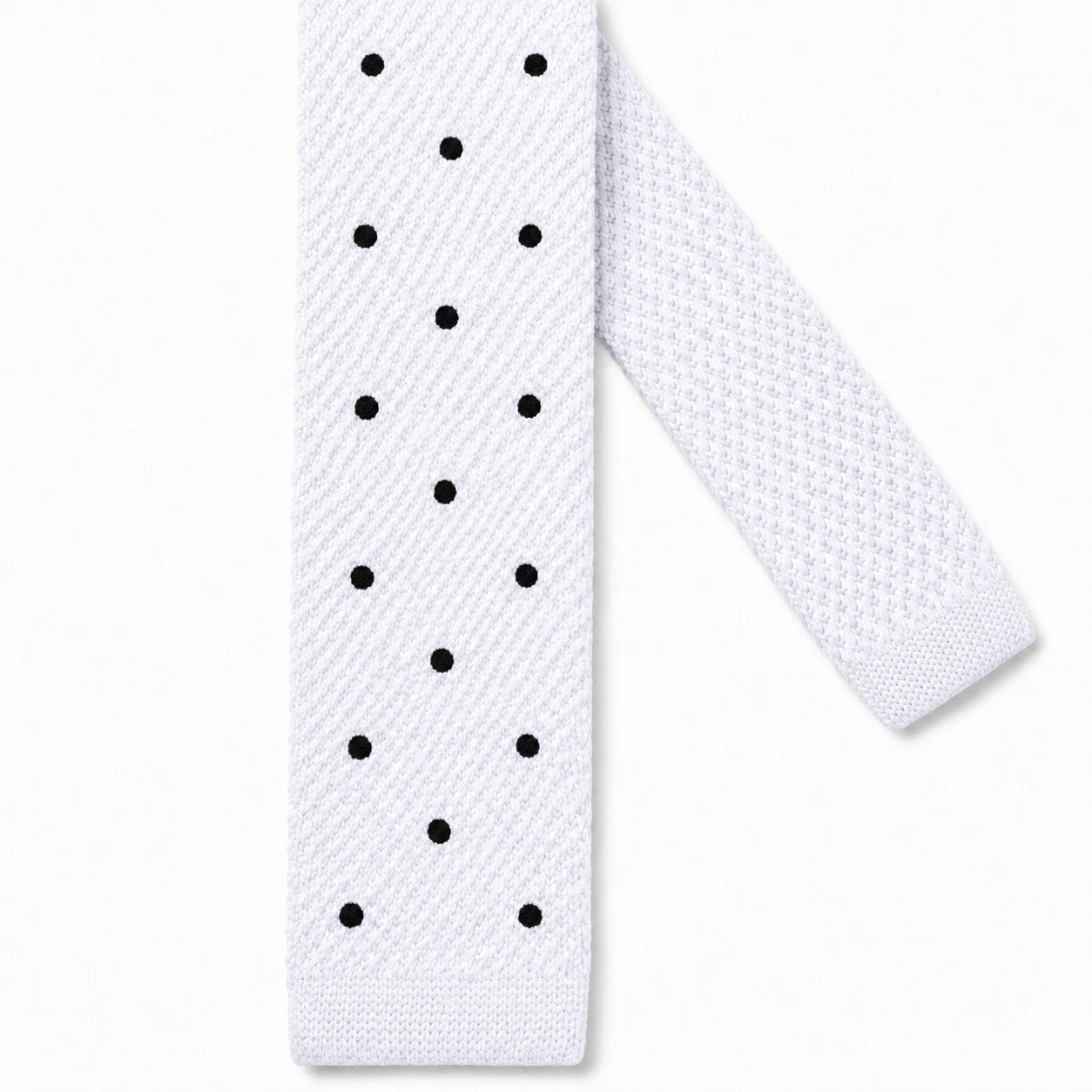 Cravate en Tricot Blanche à Pois Noir - Maille Texturée à Bout Carré