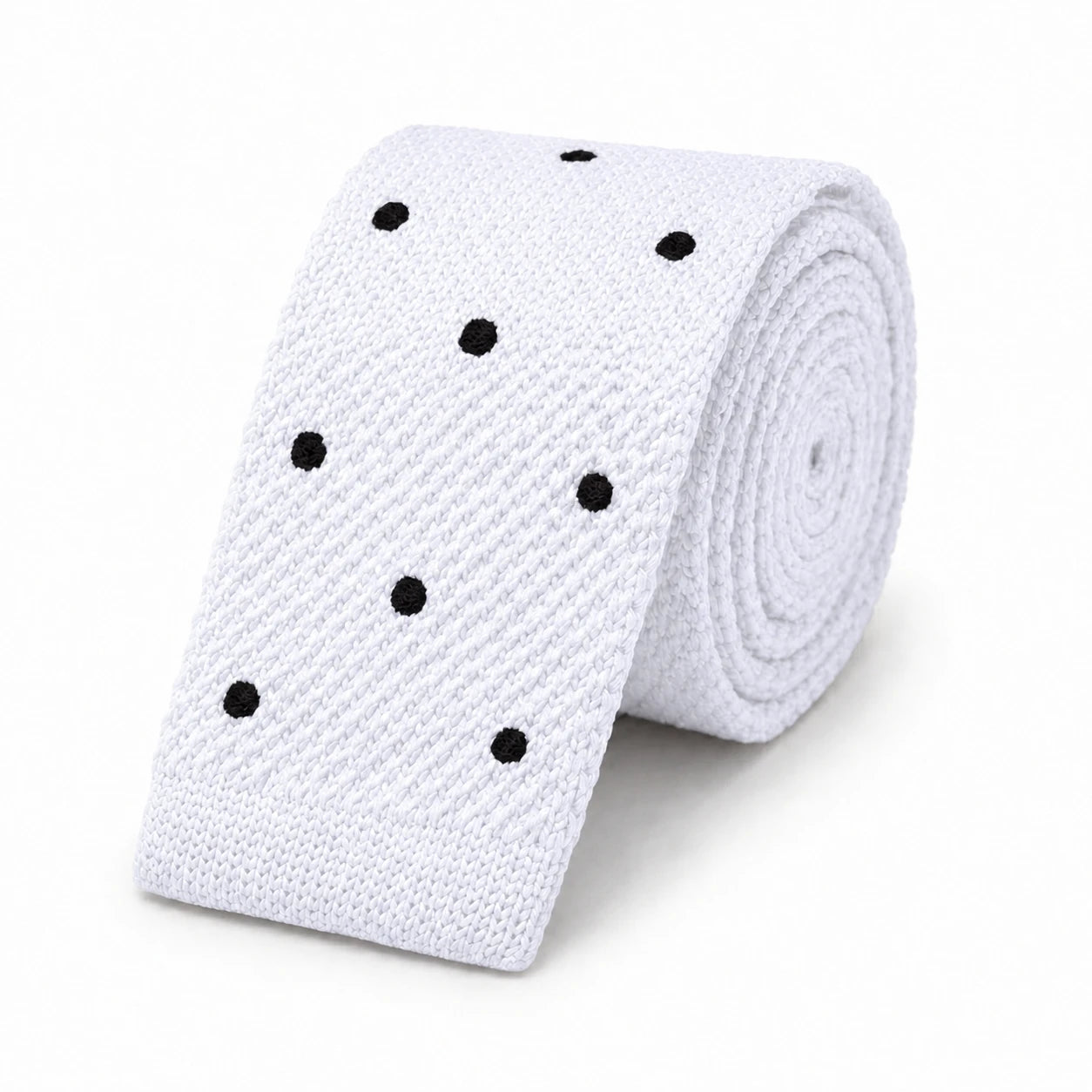 Cravate en Tricot Blanche à Pois Noir - Maille Texturée à Bout Carré