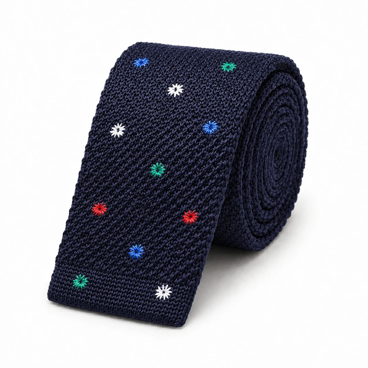 Cravate en Tricot Bleu Marine à Fleurs - Maille Texturée à Bout Carré