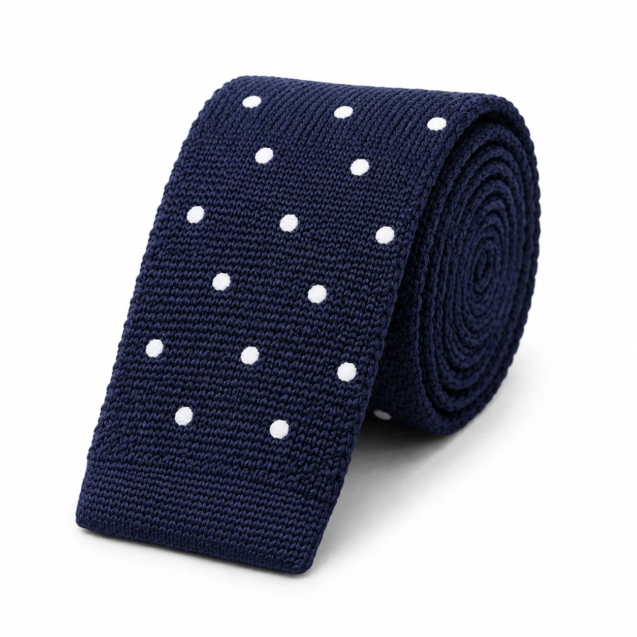 Cravate en Tricot Bleu Marine à Pois Blanc Homme - Maille Texturée à Bout Carré