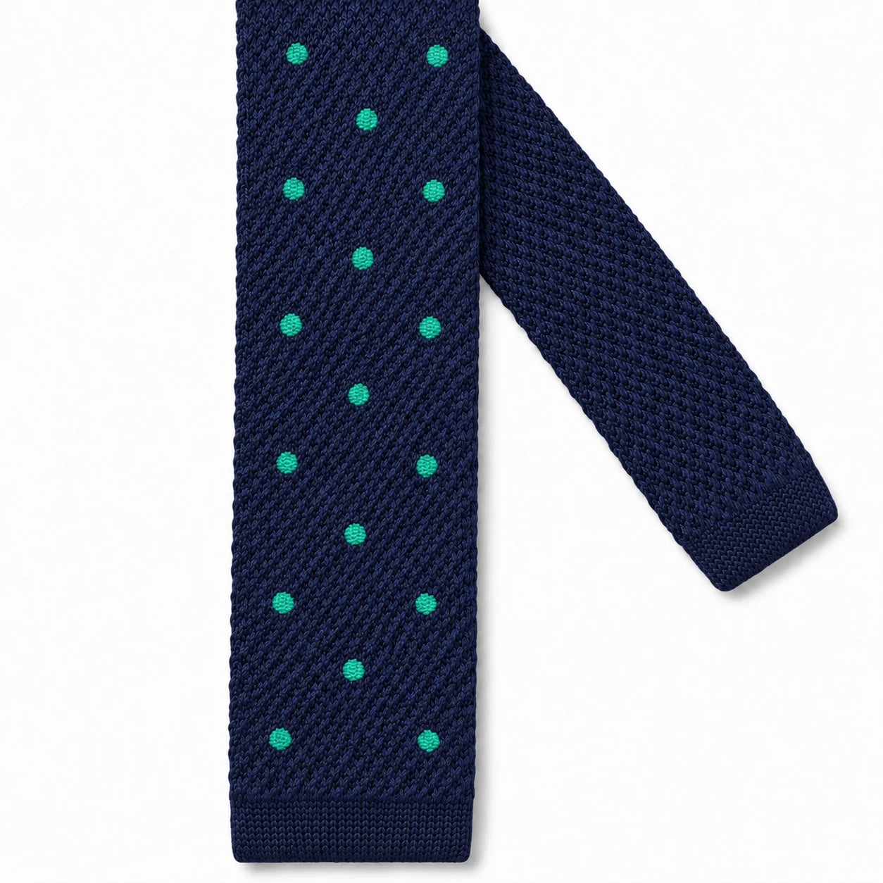 Cravate en Tricot Bleu Marine à Pois verts - Maille Texturée à Bout Carré