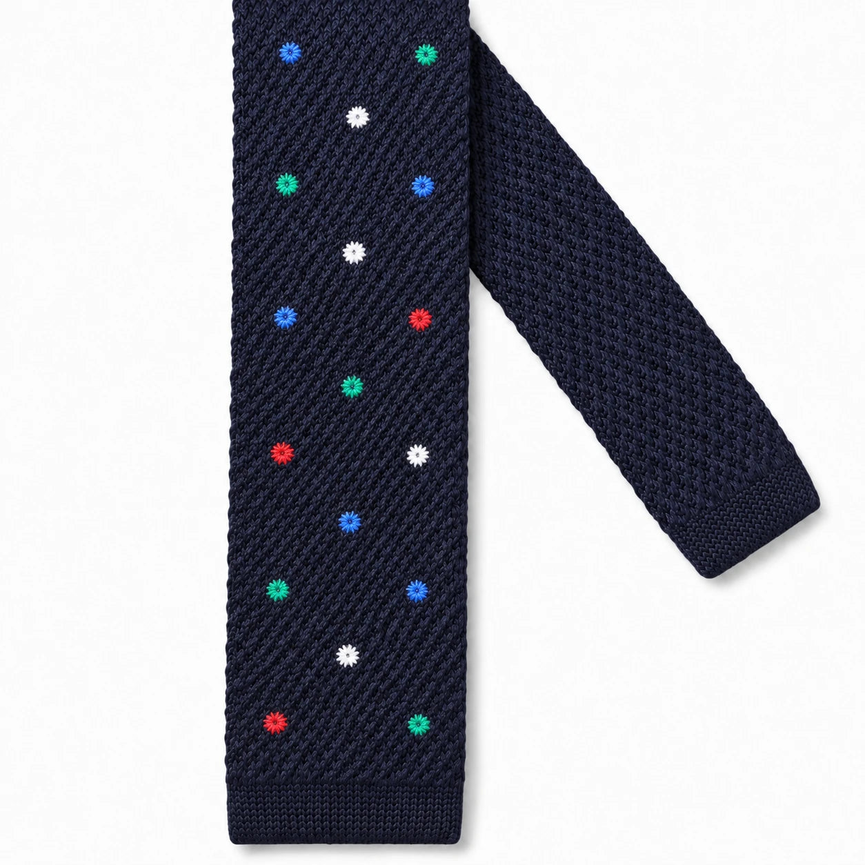 Cravate en Tricot Bleu Marine à Fleurs - Maille Texturée à Bout Carré
