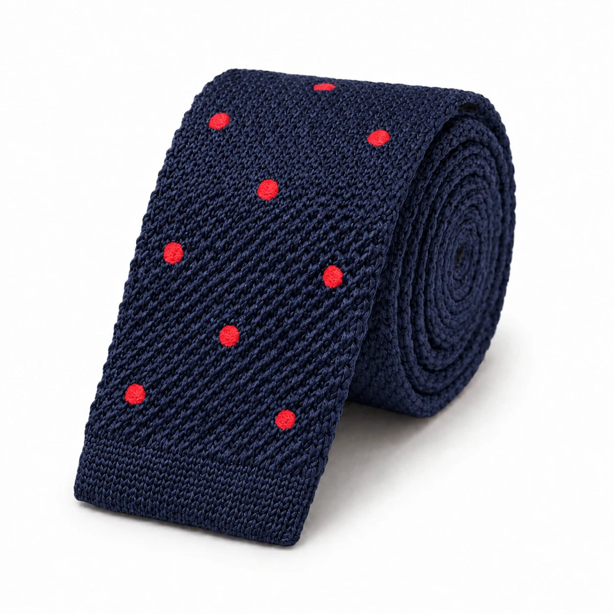 Cravate en Tricot Bleu Marine à Pois Rouge - Maille Texturée à Bout Carré