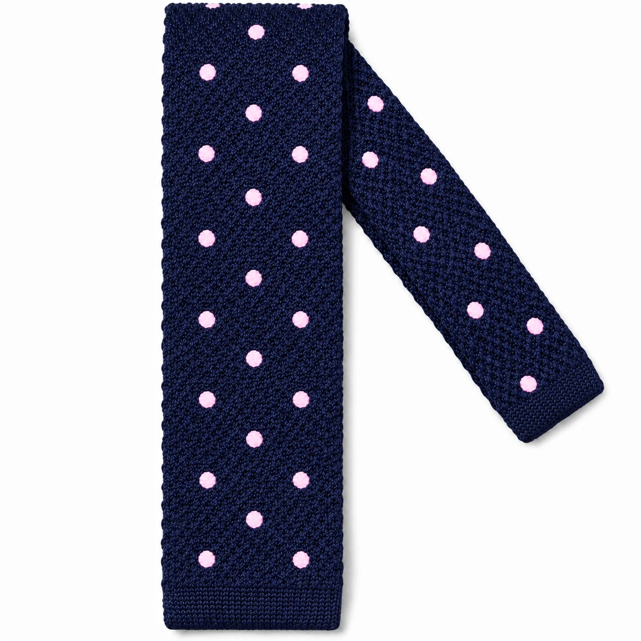 Cravate en Tricot Bleu Marine à Pois Roses Homme - Maille Texturée à Bout Carré