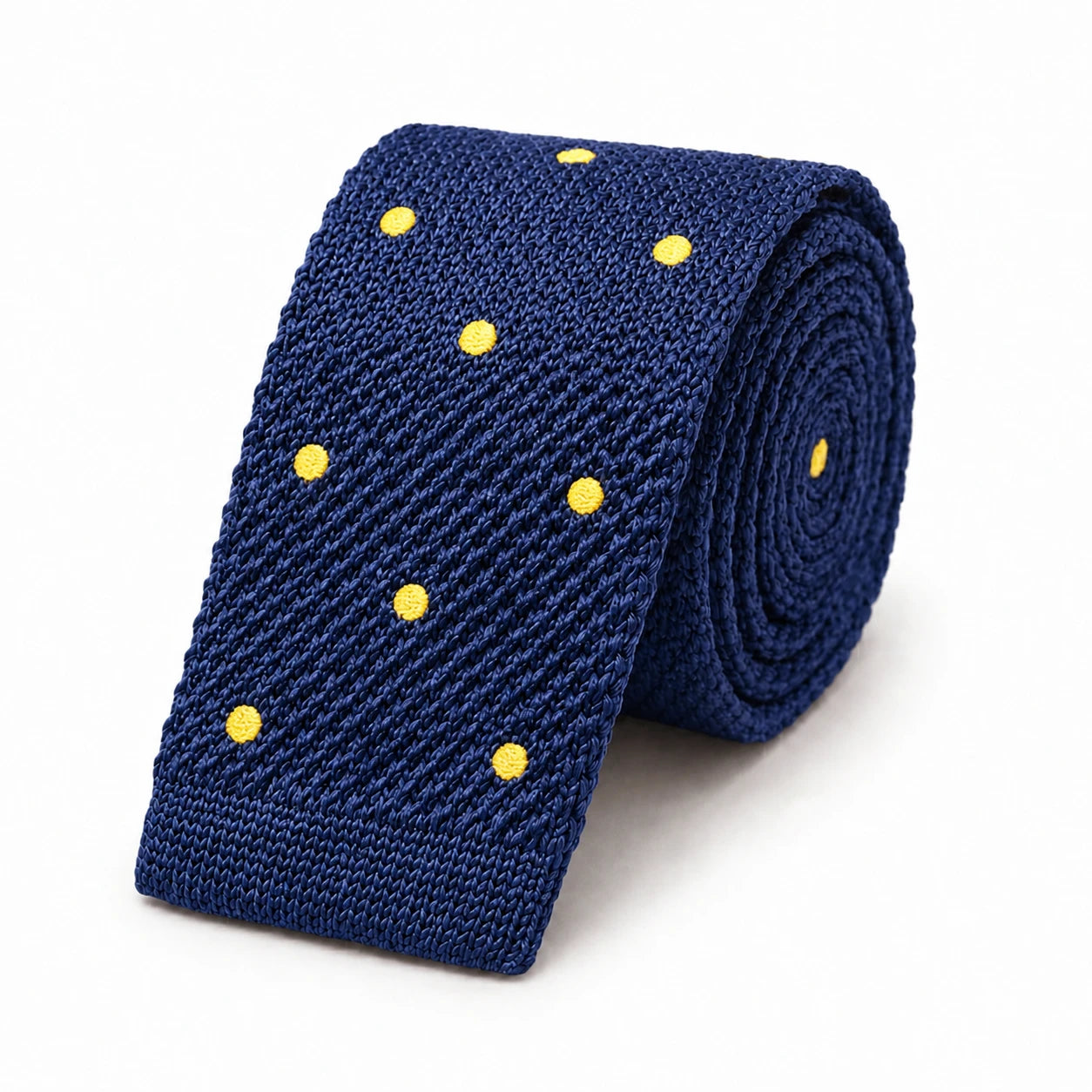 Cravate en Tricot Bleu Marine à Pois Jaunes - Maille Texturée à Bout Carré