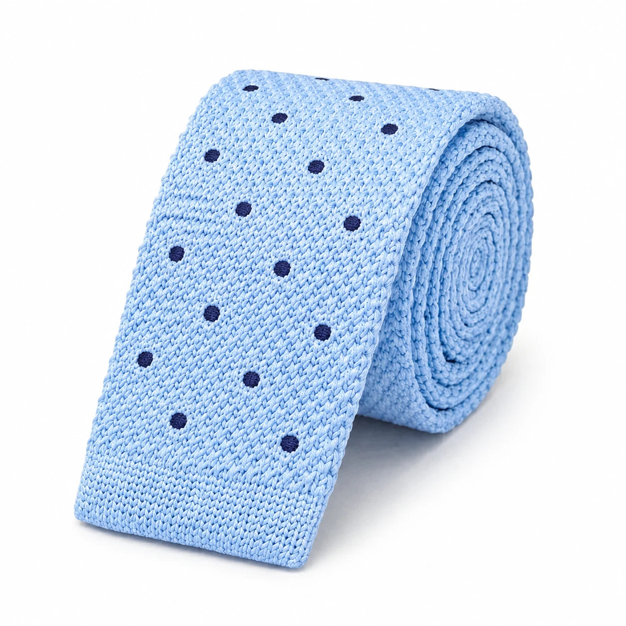 Cravate en Tricot Bleu Ciel à Pois Bleu Marine Homme - Maille Texturée à Bout Carré