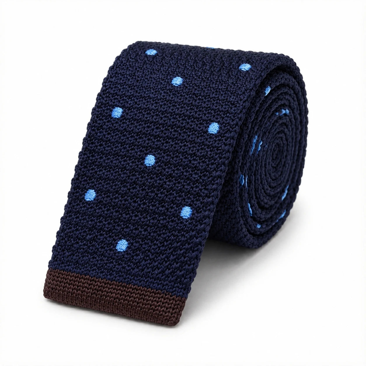 Cravate en Tricot Bleu Marine à Pois Bleu Ciel pour Homme - Maille Texturée à Bout Carré Marron