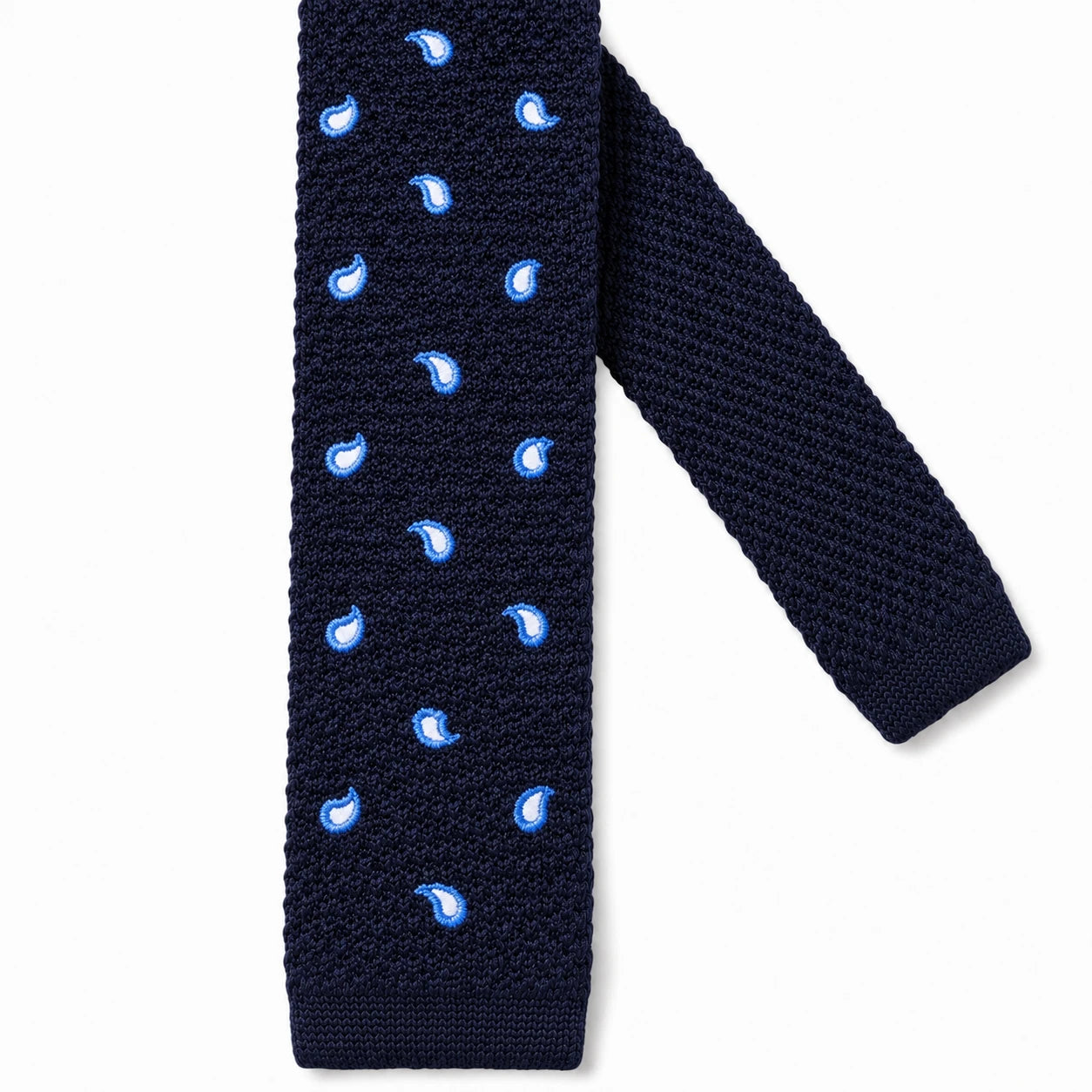 Cravate en Tricot Bleu Marine Motifs Gouttes - Maille Texturée à Bout Carré