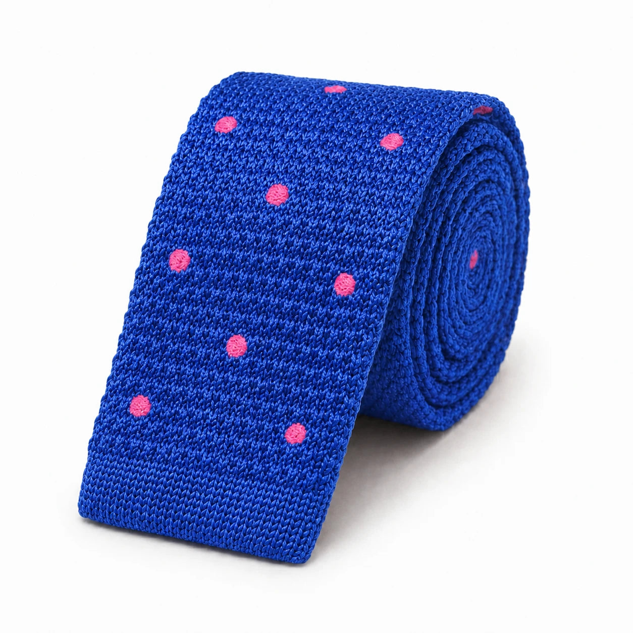 Cravate en Tricot Bleu Roi à Pois Rose Homme - Maille Texturée à Bout Carré