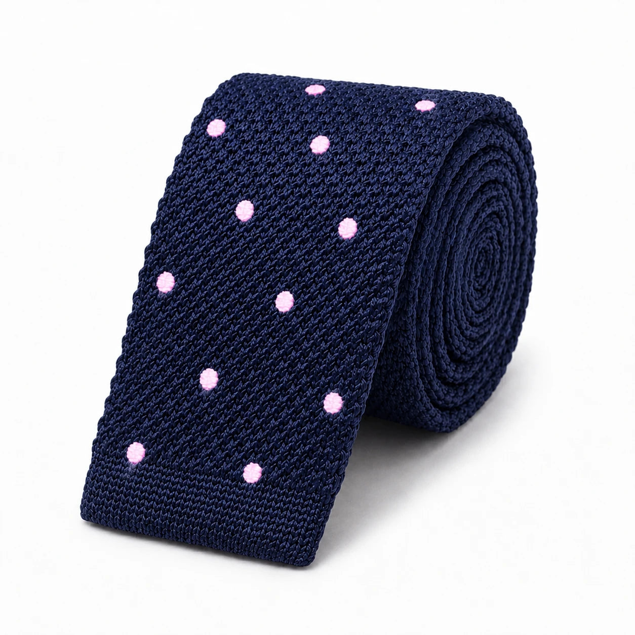 Cravate en Tricot Bleu Marine à Pois Roses Homme - Maille Texturée à Bout Carré