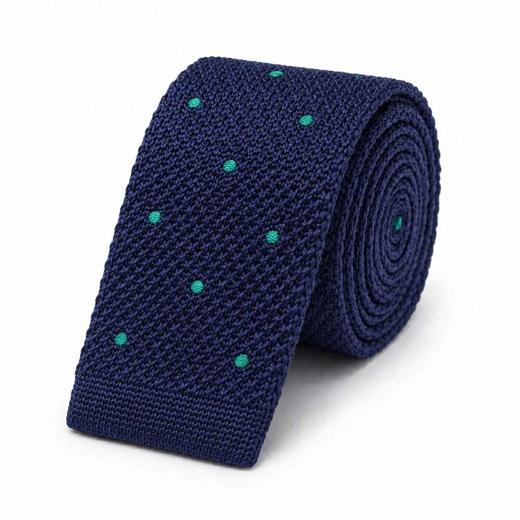 Cravate en Tricot Bleu Marine à Pois verts - Maille Texturée à Bout Carré