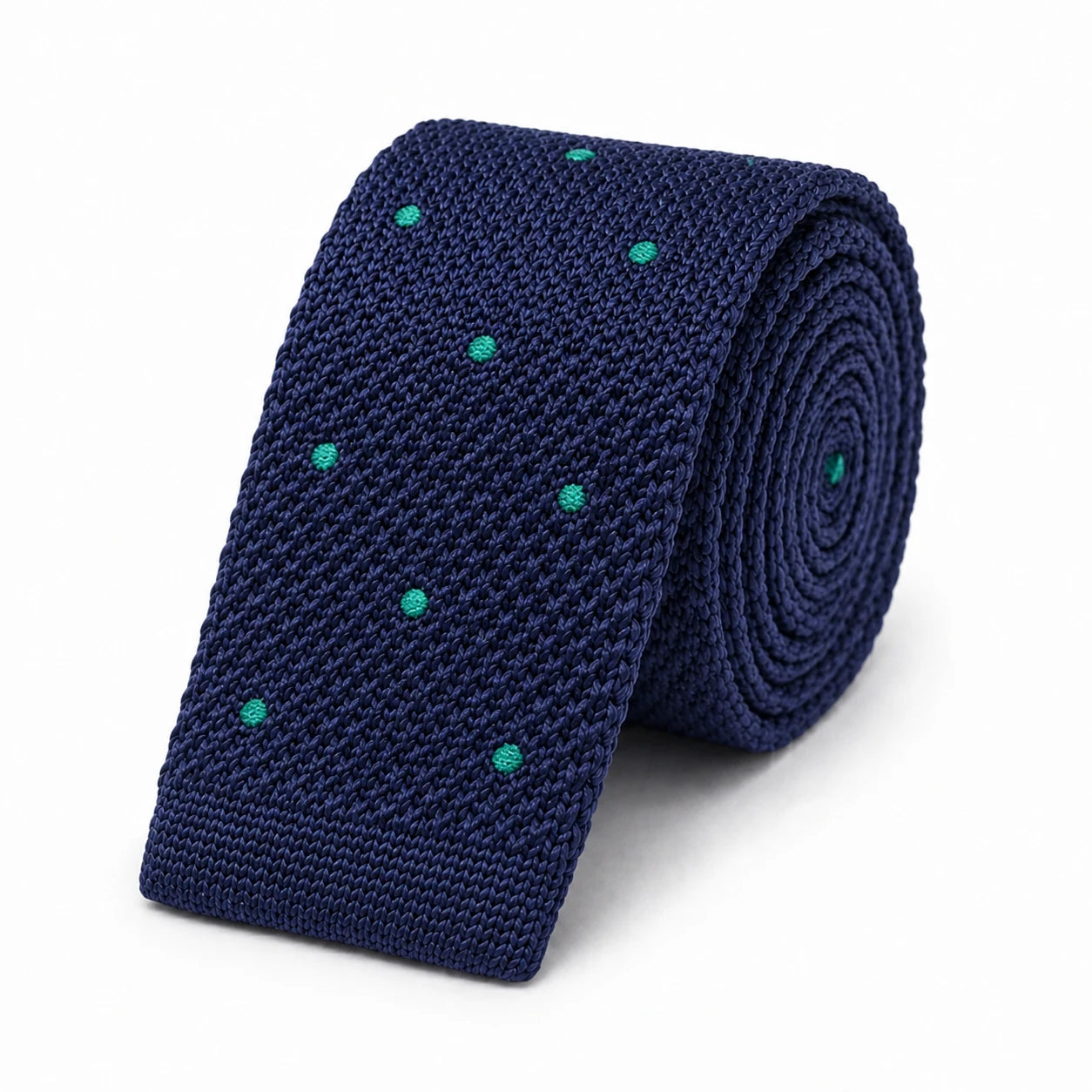 Cravate en Tricot Bleu Marine à Pois verts - Maille Texturée à Bout Carré