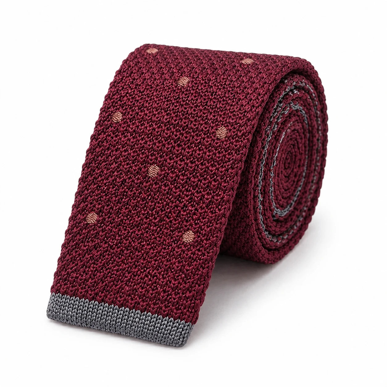 Cravate en Tricot Bordeaux à Pois Orange Homme - Maille Texturée à Bout Carré Gris