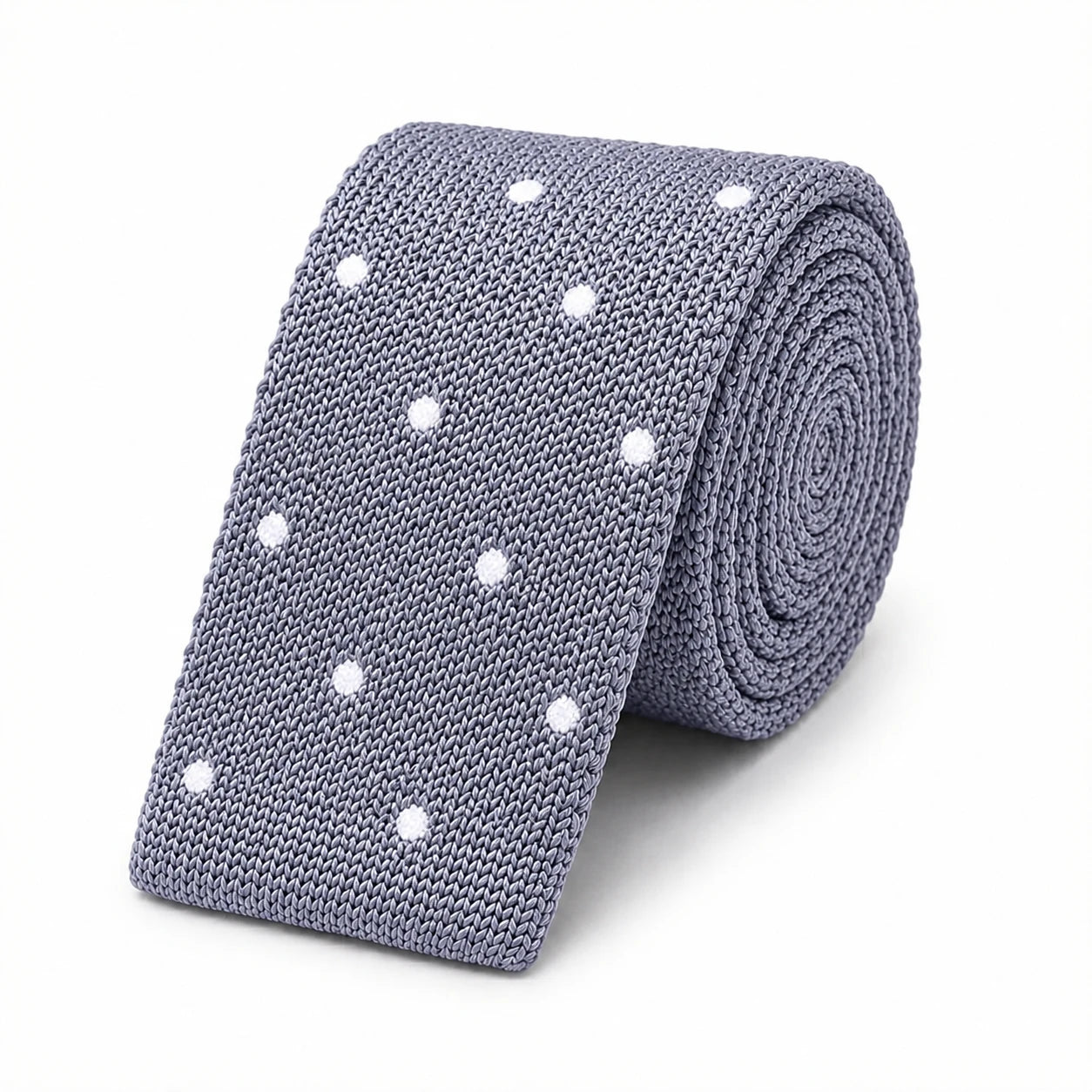 Cravate en Tricot Gris Claire à Pois Blanc Homme - Maille Texturée à Bout Carré