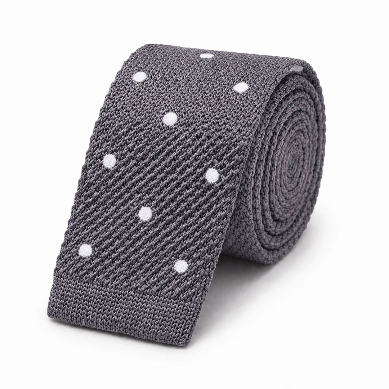 Cravate en Tricot Grise à Pois Blanc - Maille Texturée à Bout Carré