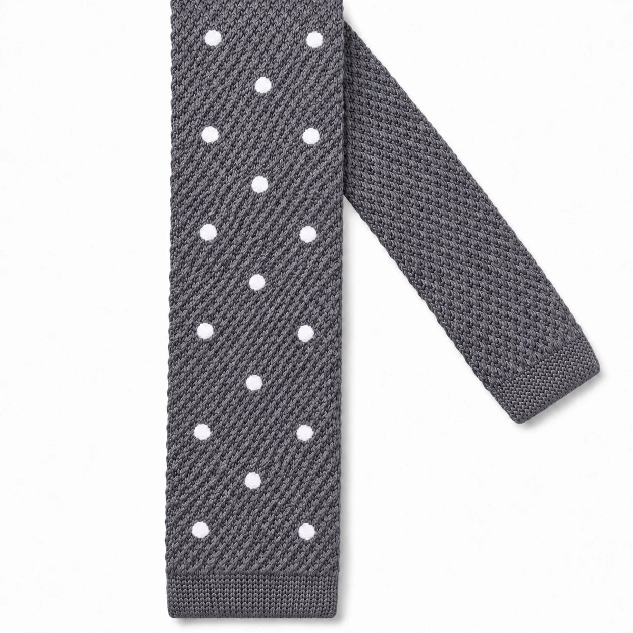 Cravate en Tricot Grise à Pois Blanc - Maille Texturée à Bout Carré