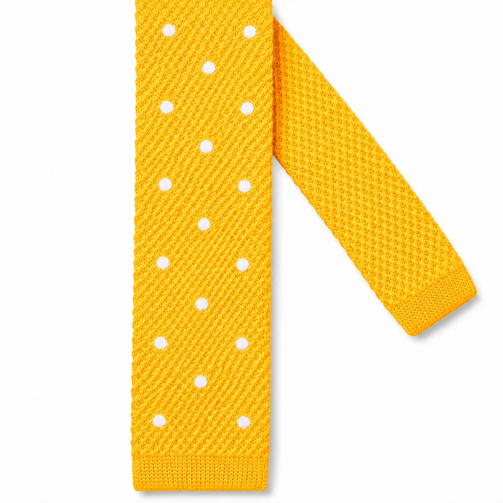 Cravate en Tricot Bleu Jaune Oeuf à Pois Blancs - Maille Texturée à Bout Carré
