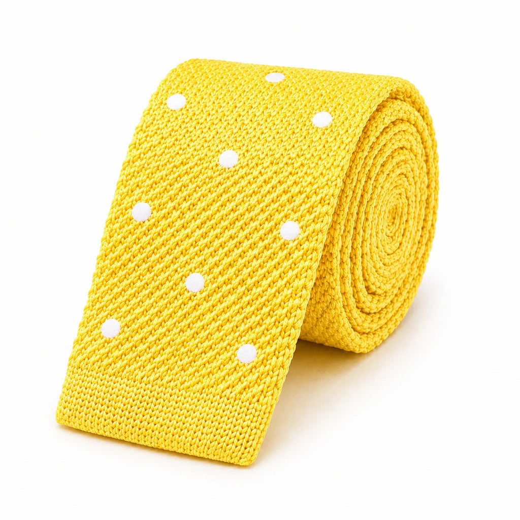 Cravate en Tricot Bleu Jaune Poussin à Pois Blancs - Maille Texturée à Bout Carré