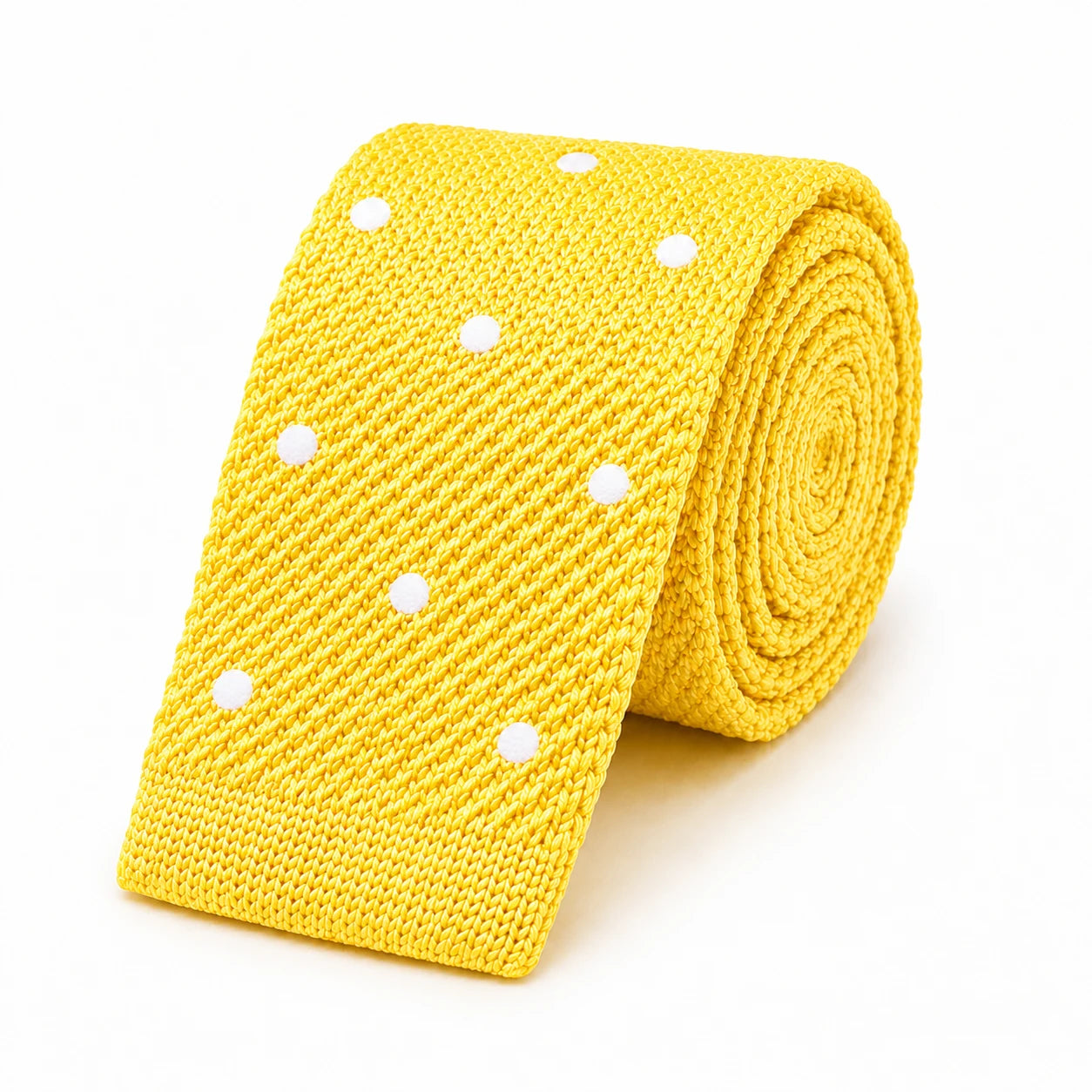 Cravate en Tricot Bleu Jaune Poussin à Pois Blancs - Maille Texturée à Bout Carré