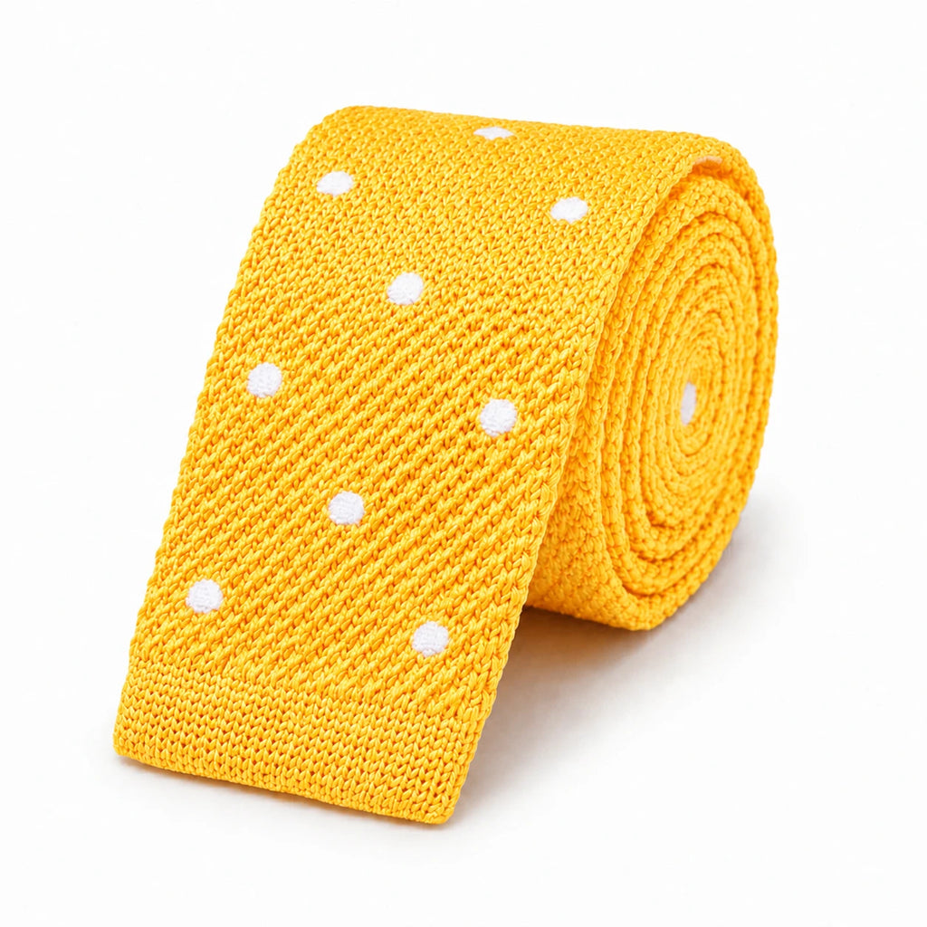 Cravate en Tricot Bleu Jaune Oeuf à Pois Blancs - Maille Texturée à Bout Carré