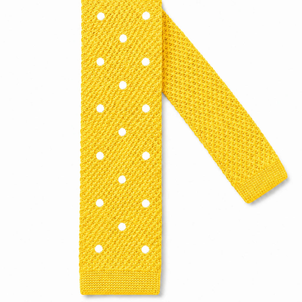 Cravate en Tricot Bleu Jaune Poussin à Pois Blancs - Maille Texturée à Bout Carré