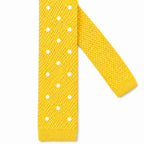 Cravate en Tricot Bleu Jaune Poussin à Pois Blancs - Maille Texturée à Bout Carré