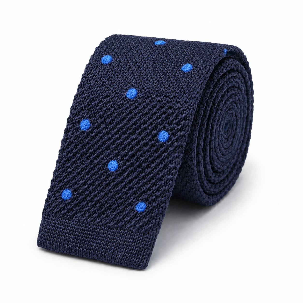 Cravate en Tricot Bleu Marine à Pois Bleu Ciel - Maille Texturée à Bout Carré