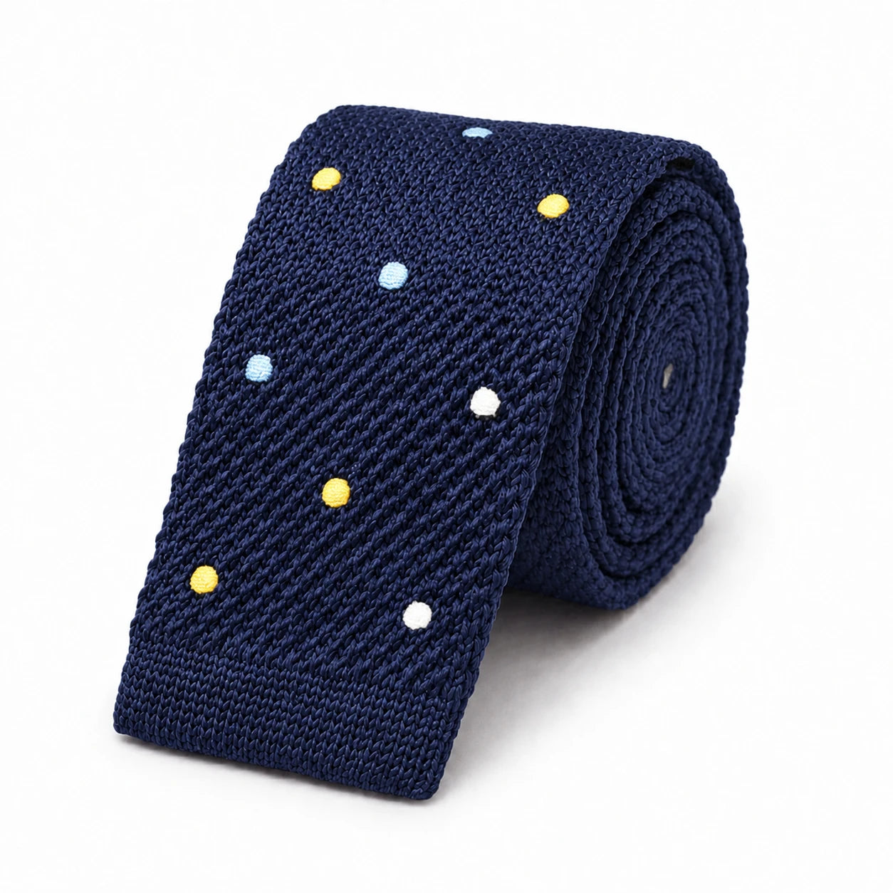 Cravate en Tricot Bleu Marine à Pois Bleu Ciel Jaune Blanc - Maille Texturée à Bout Carré